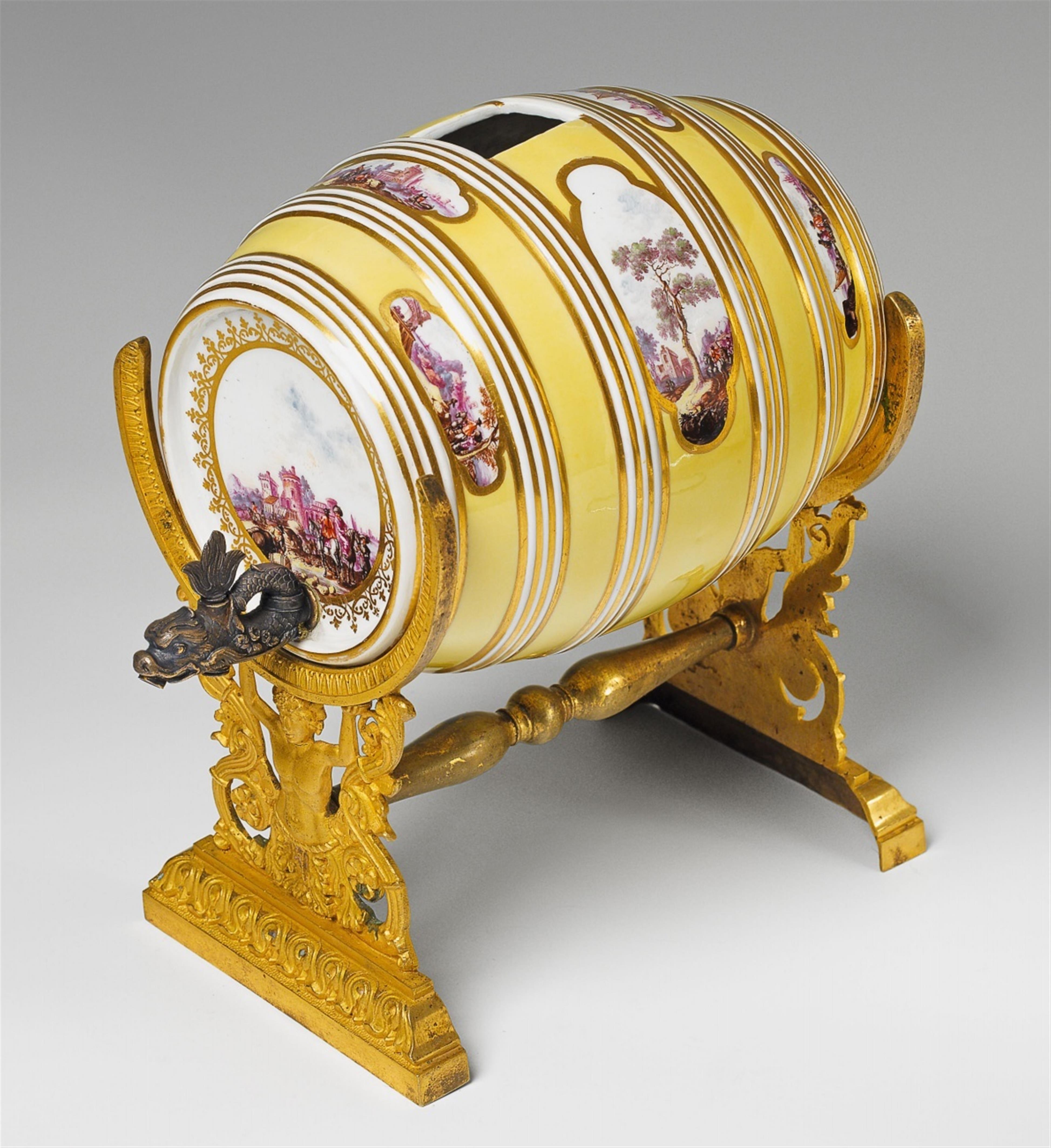 An ormolu mounted Meissen porcelain liquor barrel - image-1