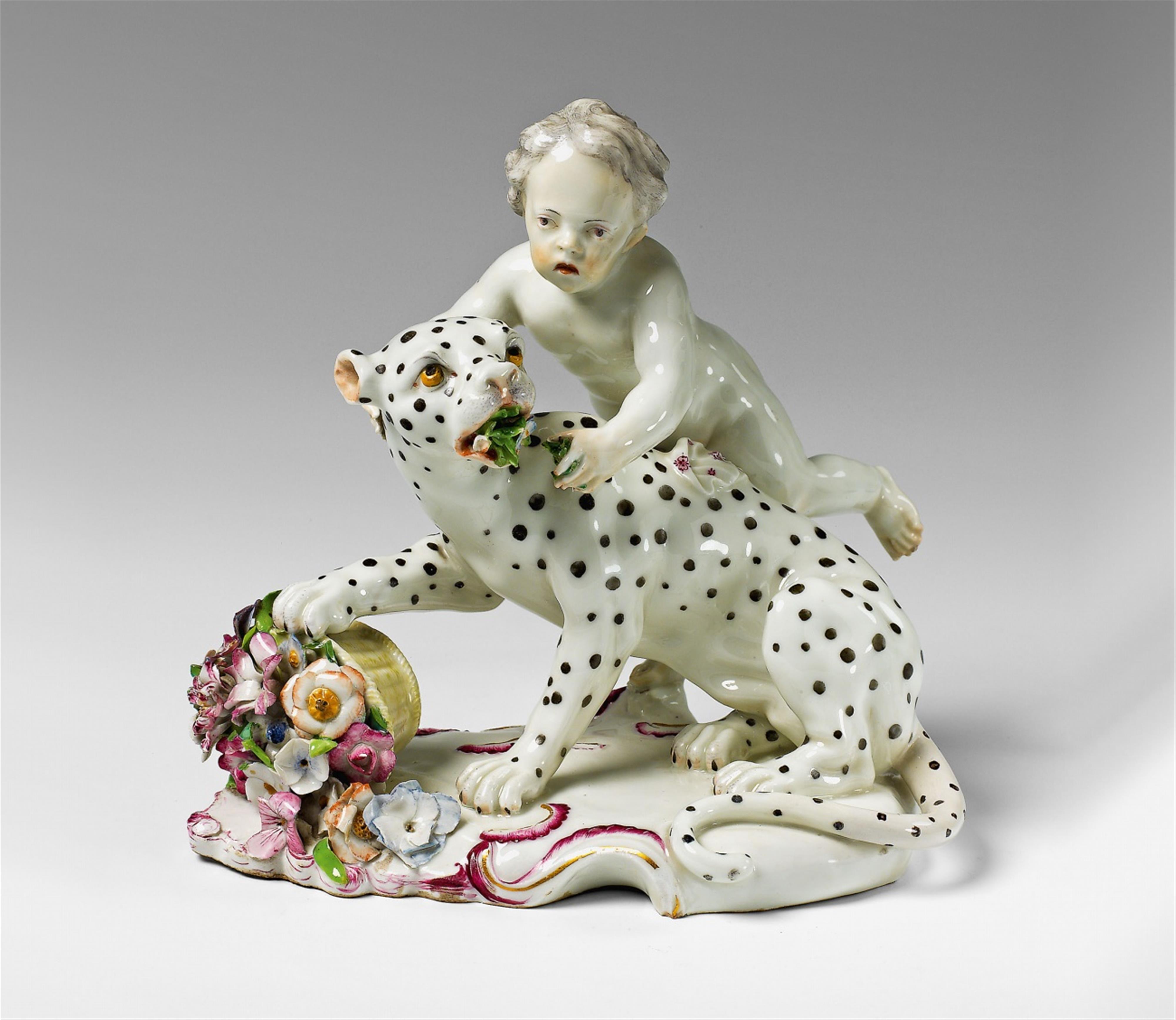 A Strasbourg or Frankenthal porcelain group of a putto and a leopard as an allegory of Spring. - image-1