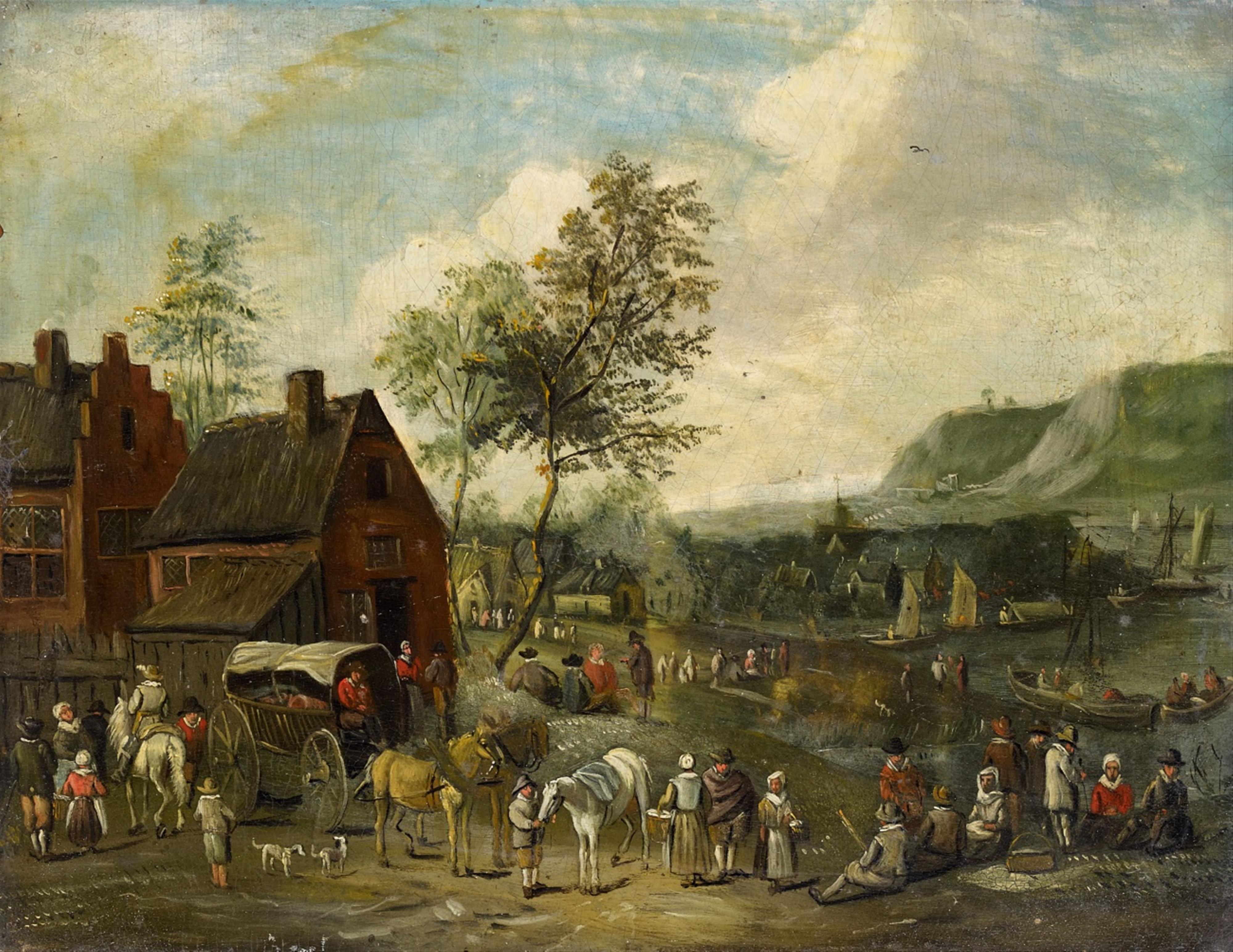 Flemish School 17th century - Two Landscapes with Market Scenes - image-2