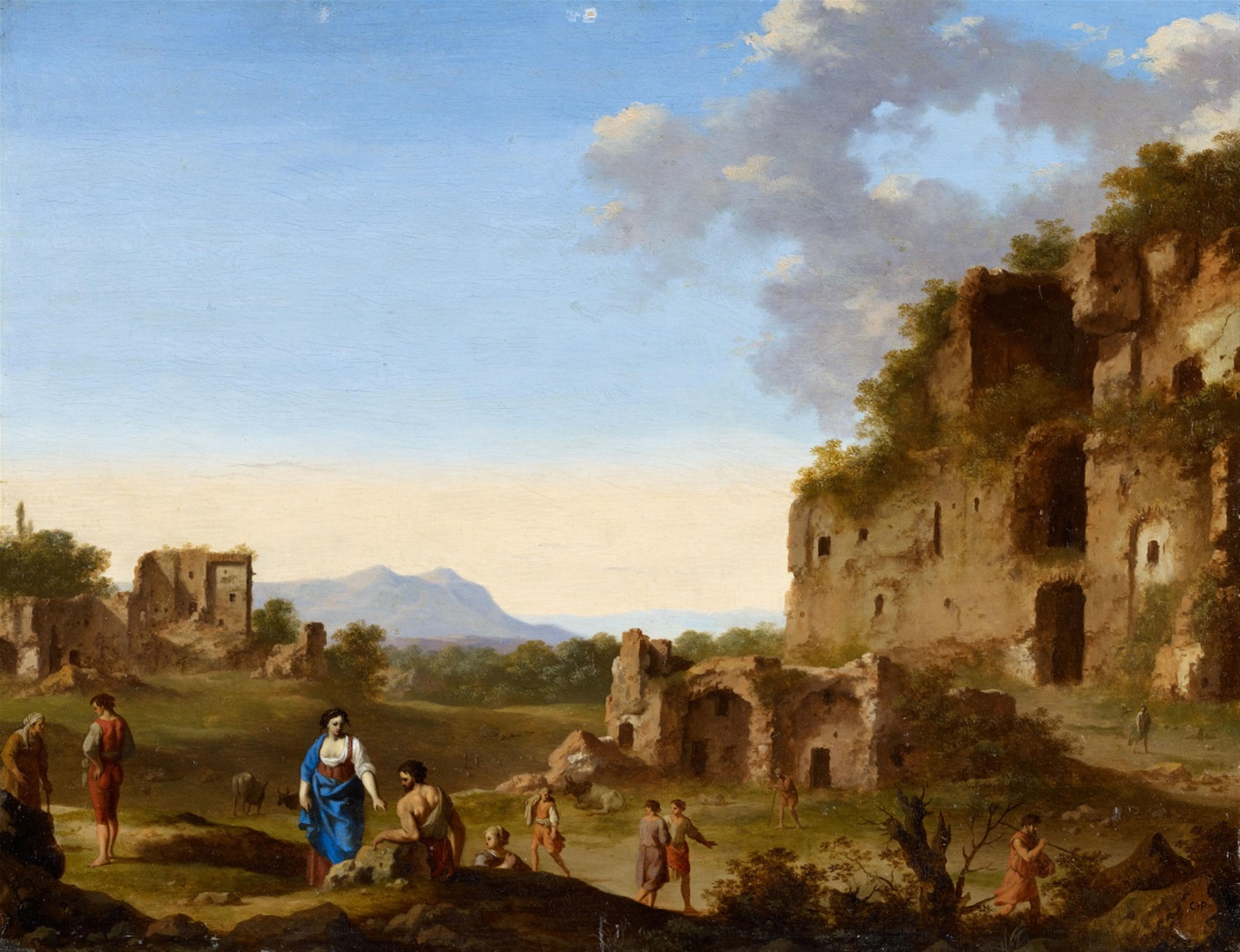 Cornelis van Poelenburgh - Roman Landscape with Ruins and Travellers - image-1