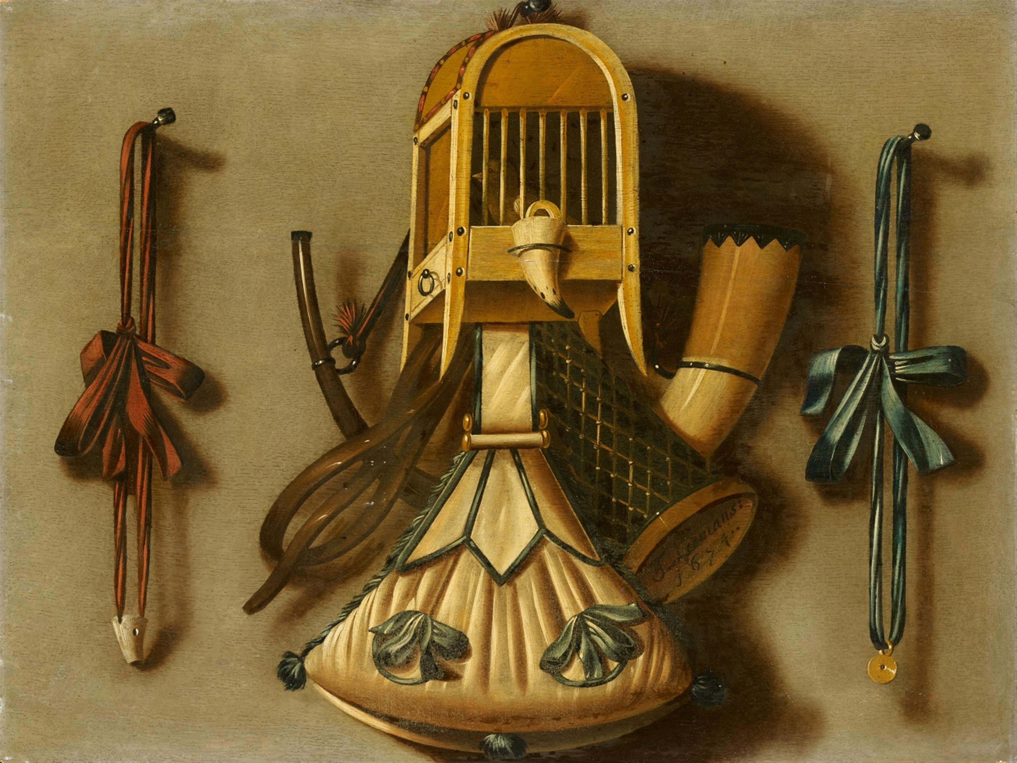 Johannes Leemans - Trompe l'oeil with a Bird Cage and Hunting Equipment - image-1