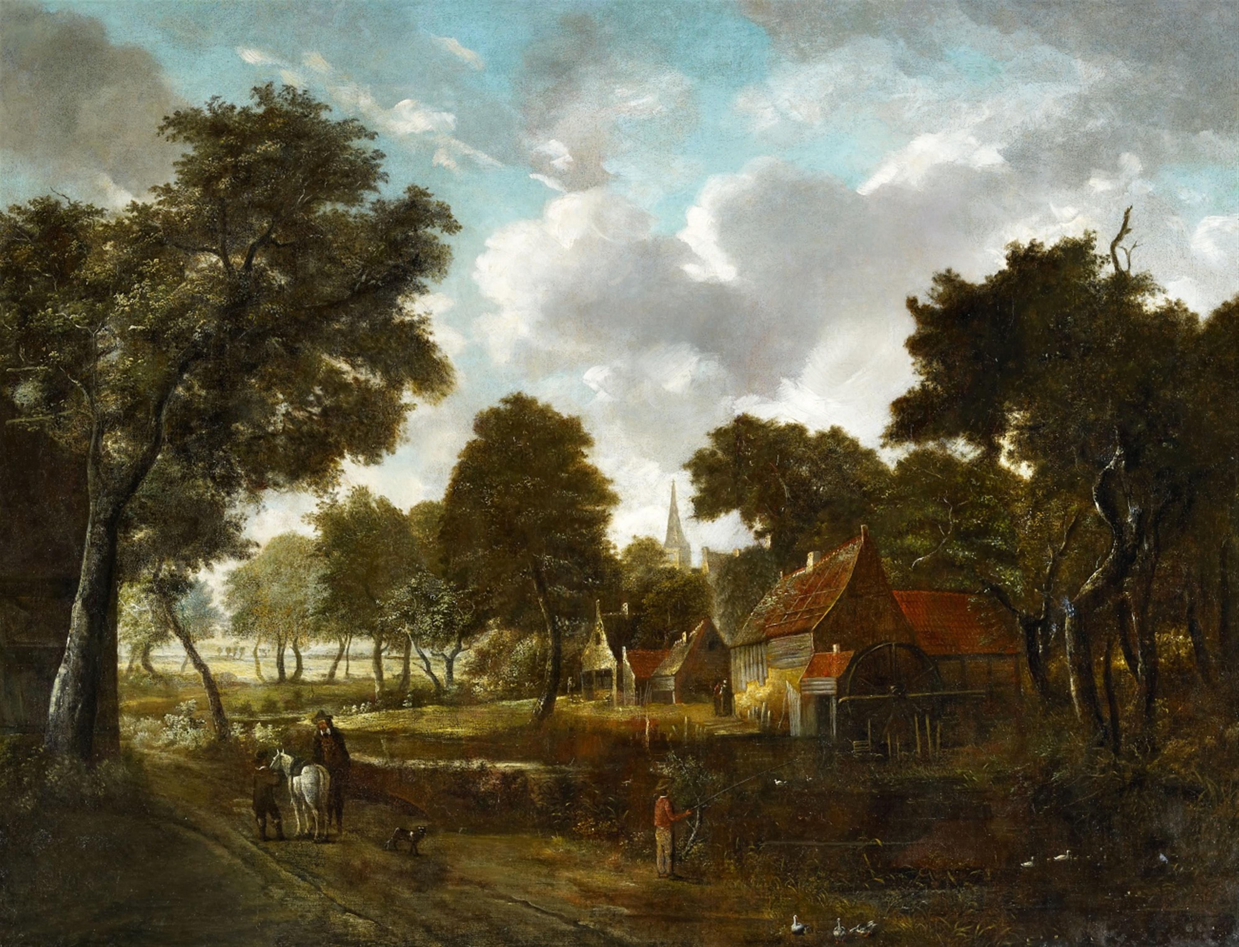 Meindert Hobbema - Watermill and Village in a Wooded Landscape - image-1