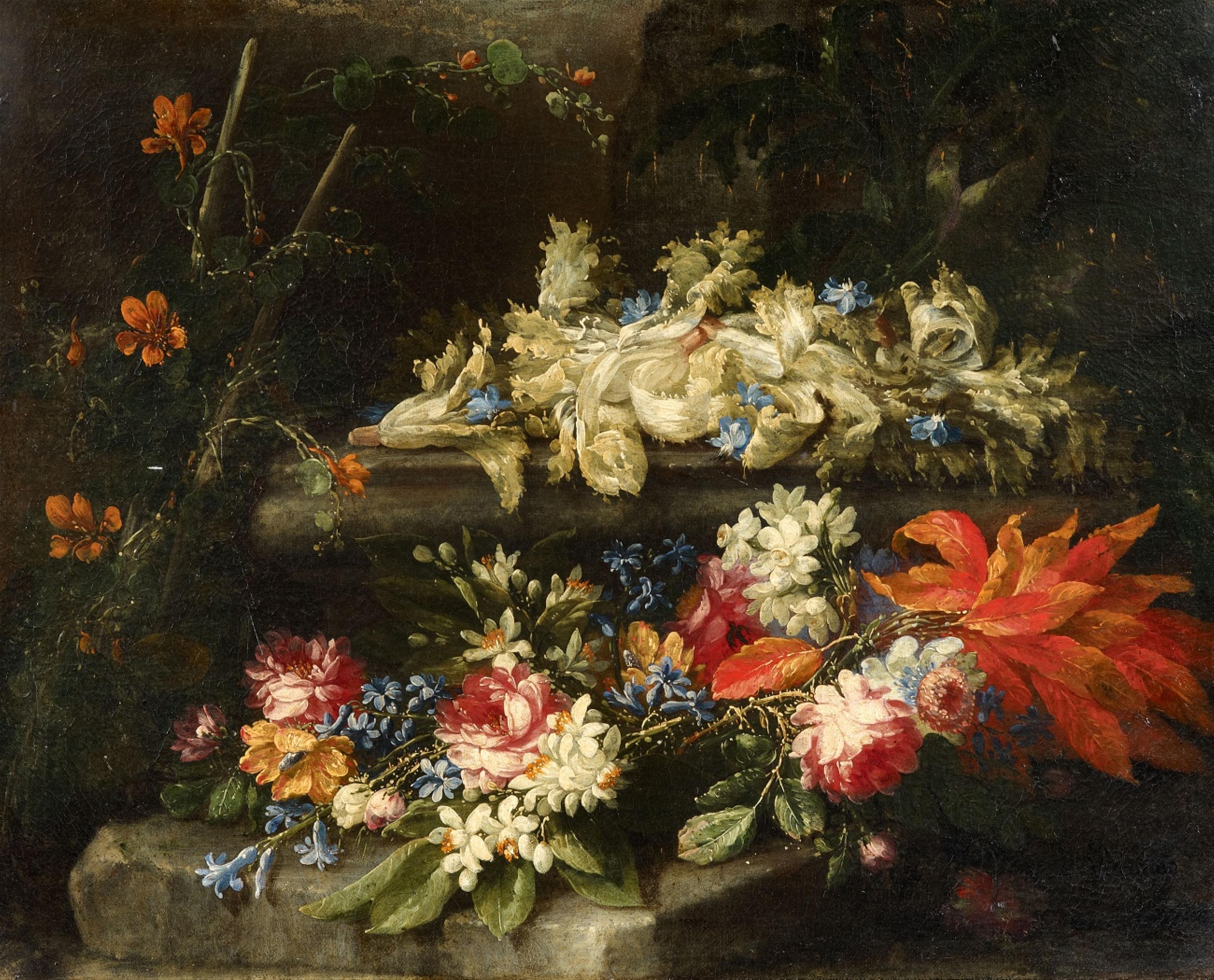 Giuseppe Volo, called Vicenzino - Still Life with Pumpkin Flowers, Nasturtiums, Roses, Orange Blossom and other Flowers - image-1