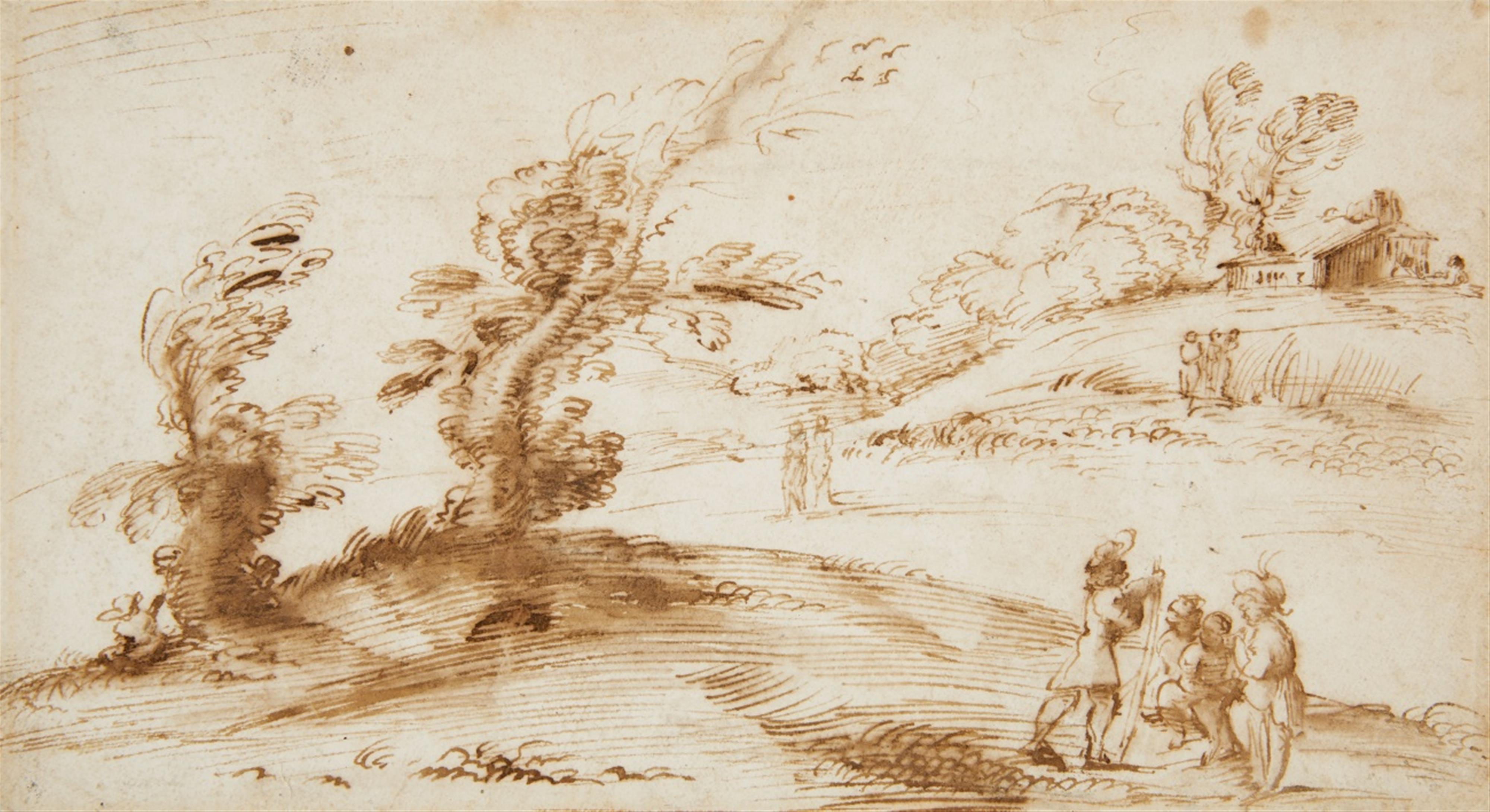 Bolognese School 17th century - Landscape with Trees, a Farm and Figures - image-1