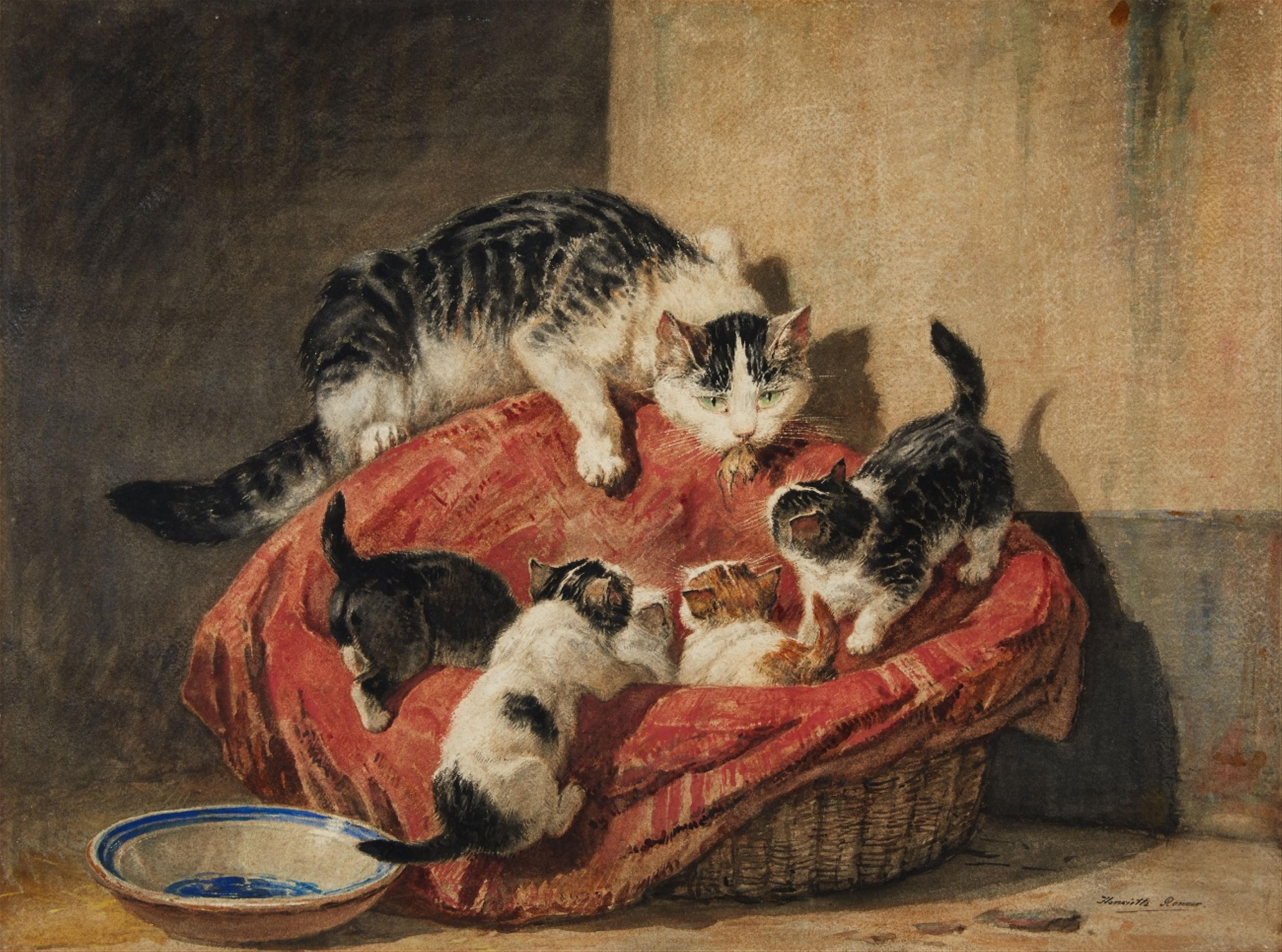 Henriette Ronner-Knip - A Mother Cat and Kittens - image-1