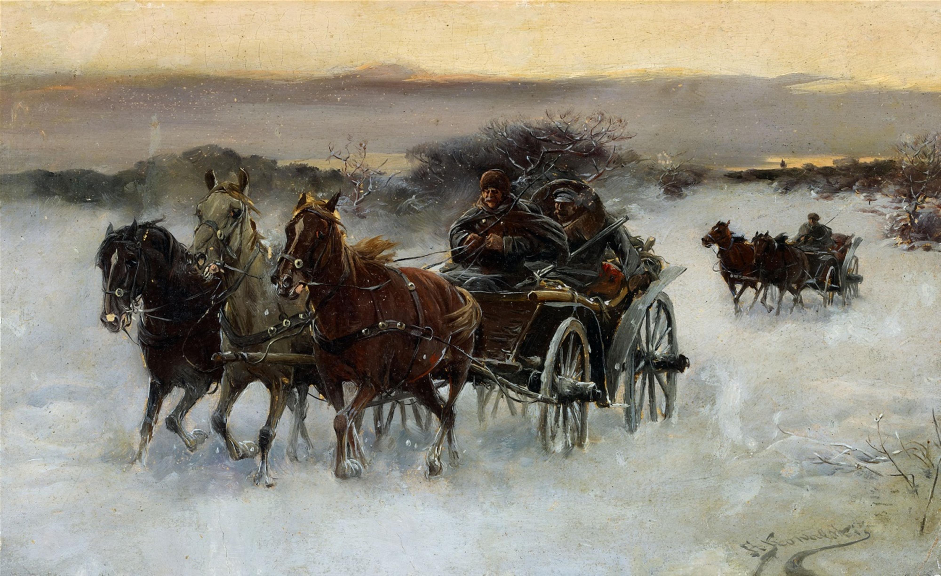 Alfred von Wierusz-Kowalski - An Early Morning Hunting Expedition in a Snowy Landscape - image-1