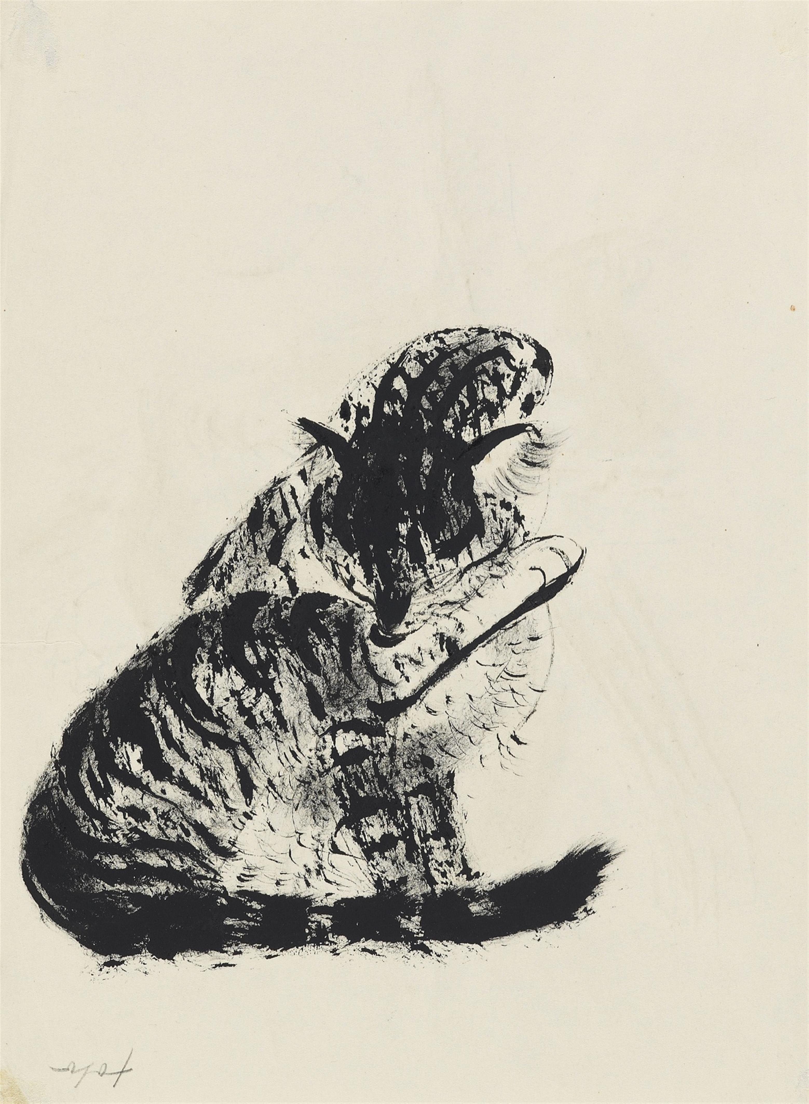 Josef Hegenbarth - Ruhender Bär. Verso: Sich putzende Katze - image-2