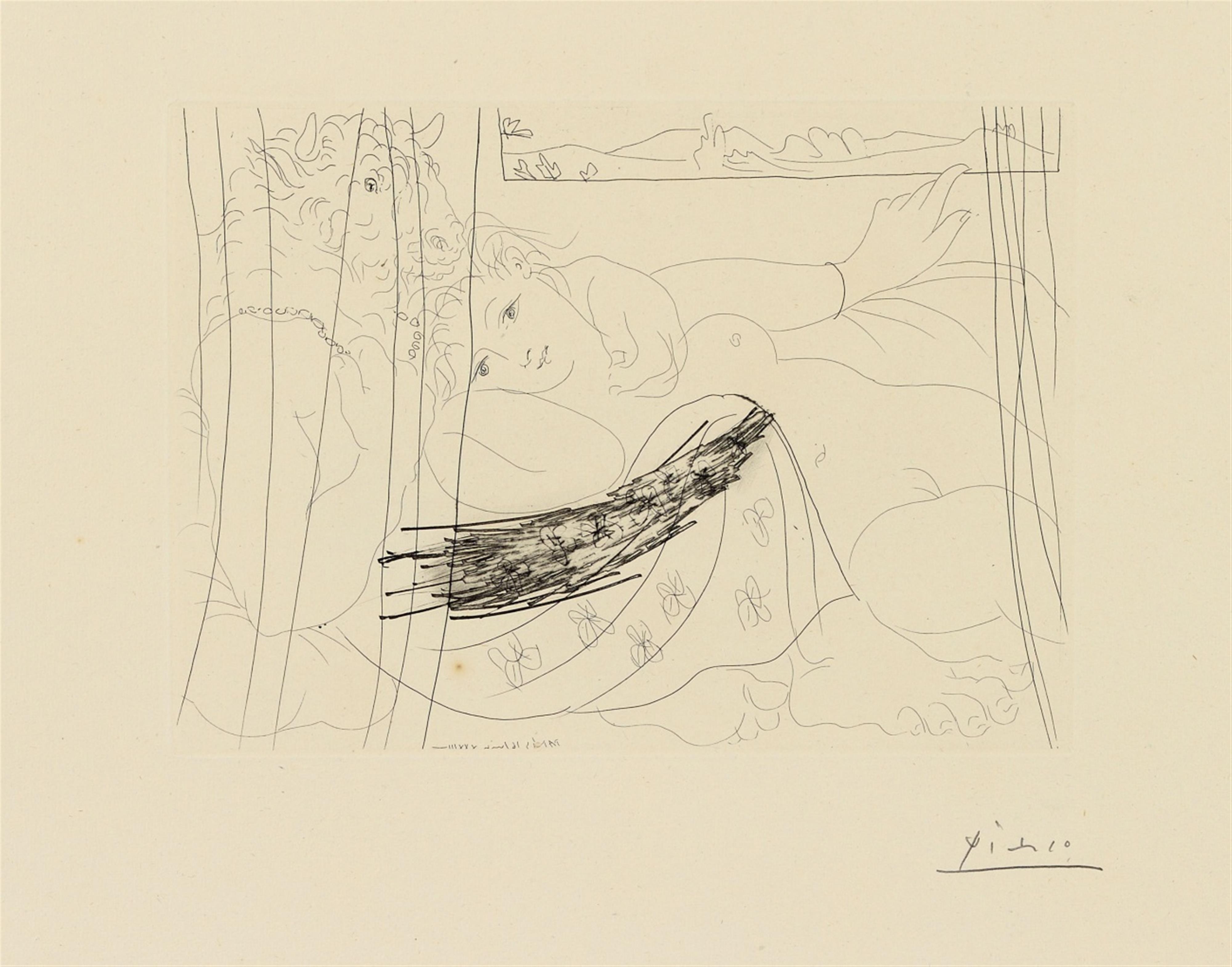 Pablo Picasso - Minotaure et jeune femme enlacés rêvant sous une fenêtre - image-1