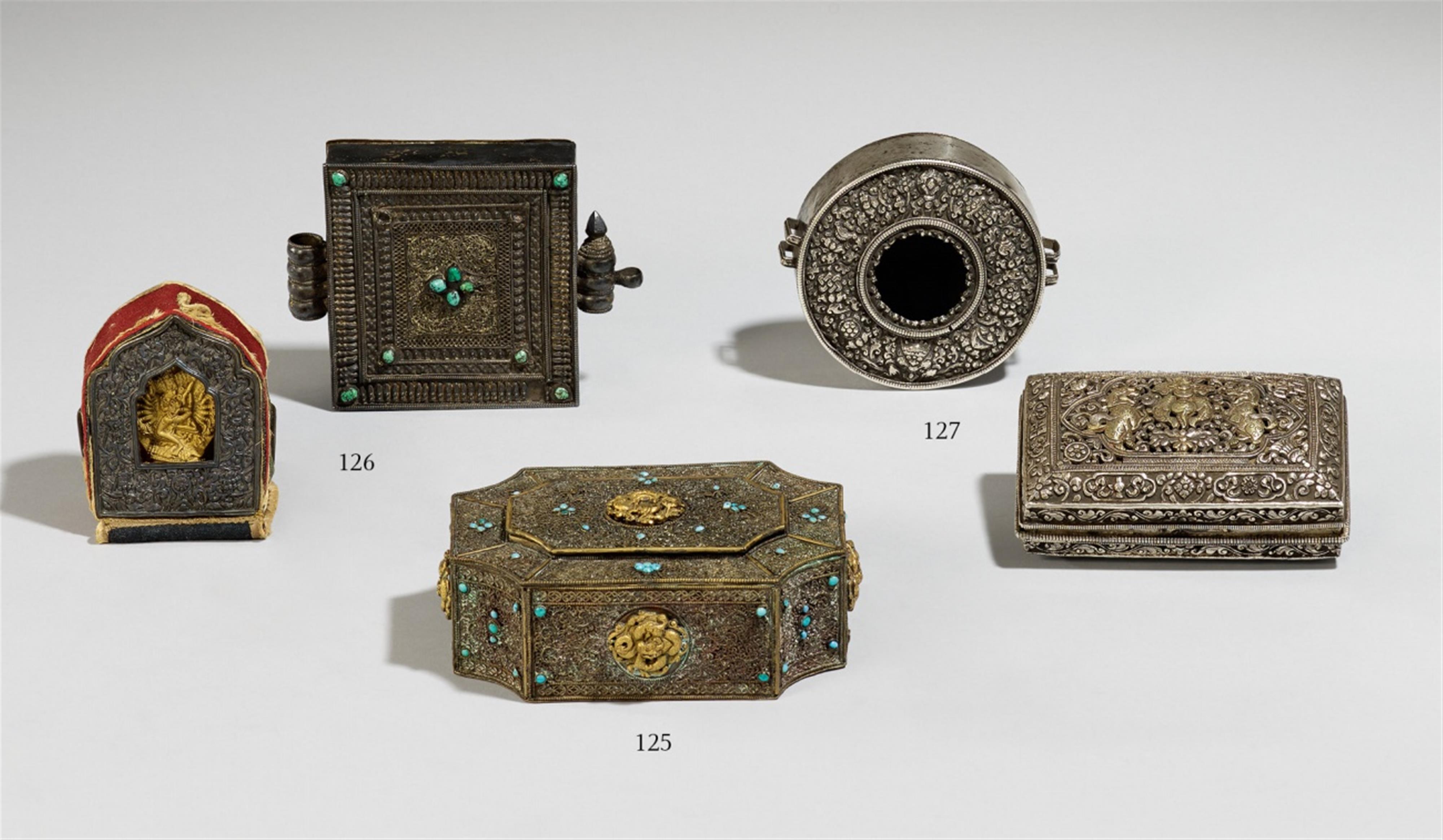 A Tibetan rectangular silver box and circular silver ga´u box - image-1