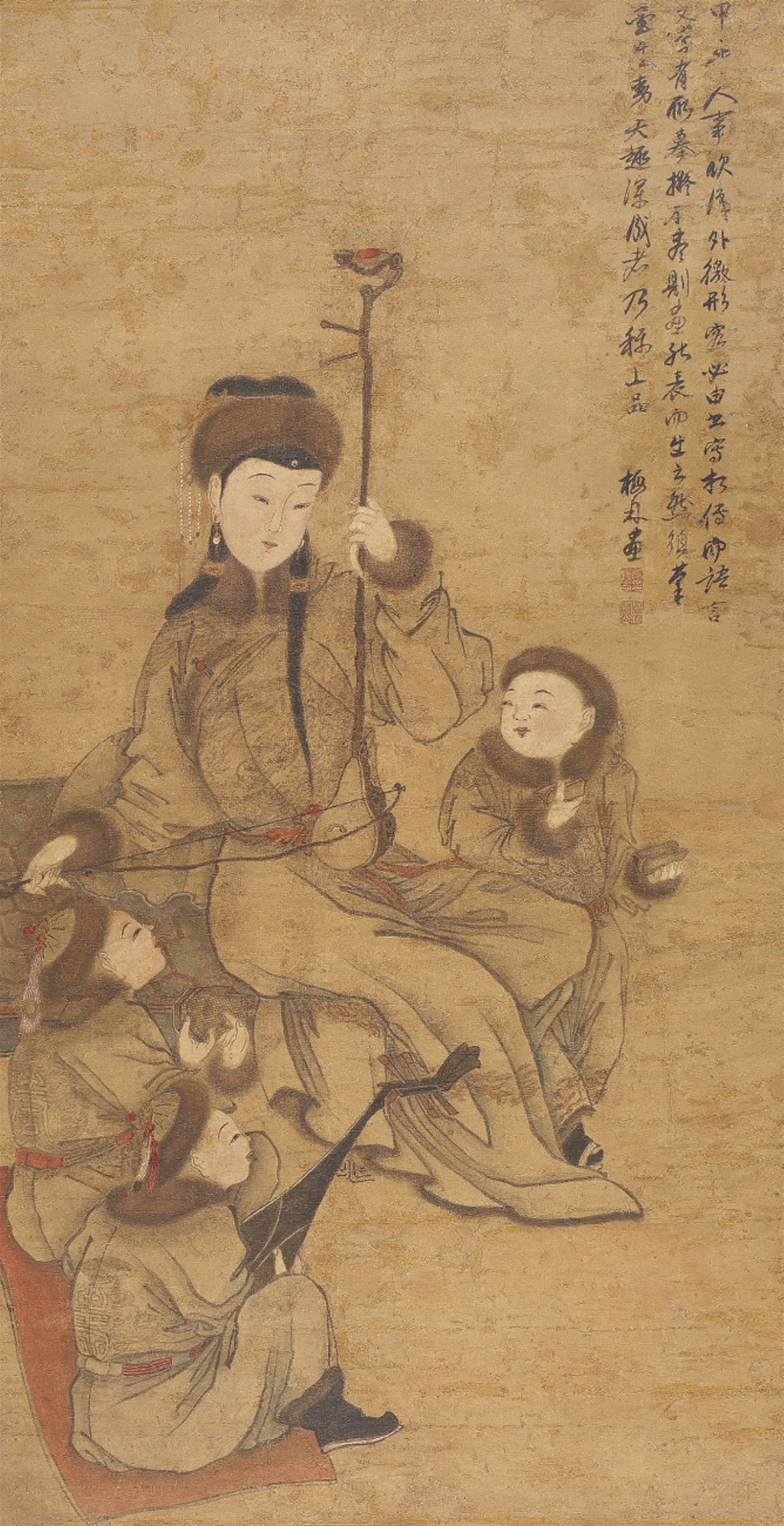 Unidentifizierter Maler . 18. Jh. - Mongolische Frau, vielleicht die Konkubine Cai Wenji, die erhu spielend, begleitet von drei musizierenden Knaben. Tusche und Farben auf Papier. Aufschrift, sign.: Meimu (?) und ... - image-1