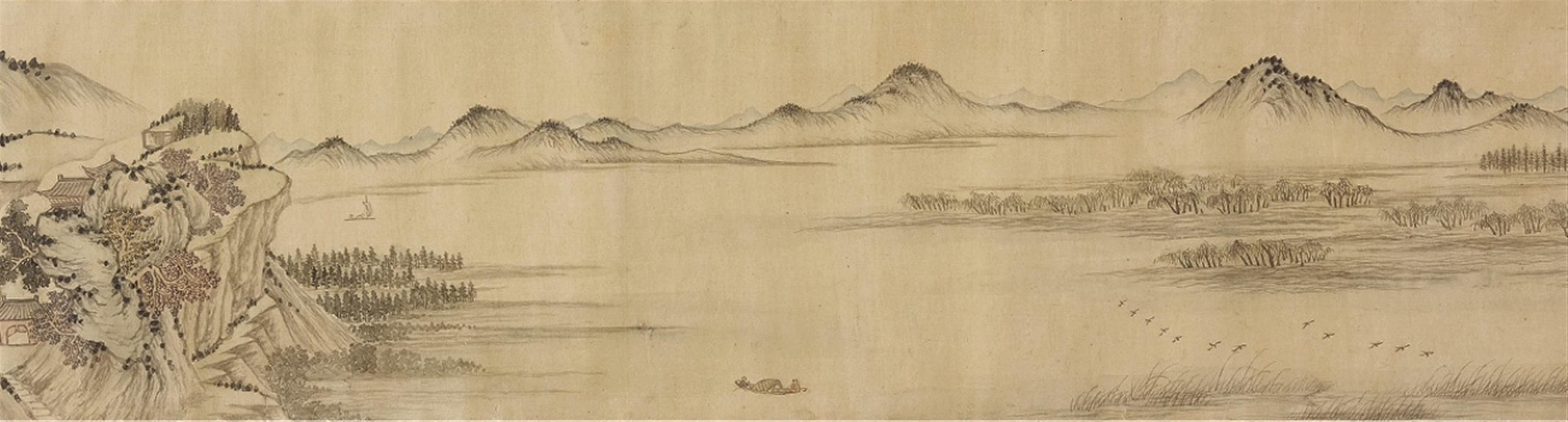 Mei Daoren, in the manner of - Landscape in the manner of Mei Daoren. Horizontal scroll. Ink on silk. Inscription, dated zhizheng, 11th year, inscribed Mei Daoren and six artist's and collector's seals. - image-2