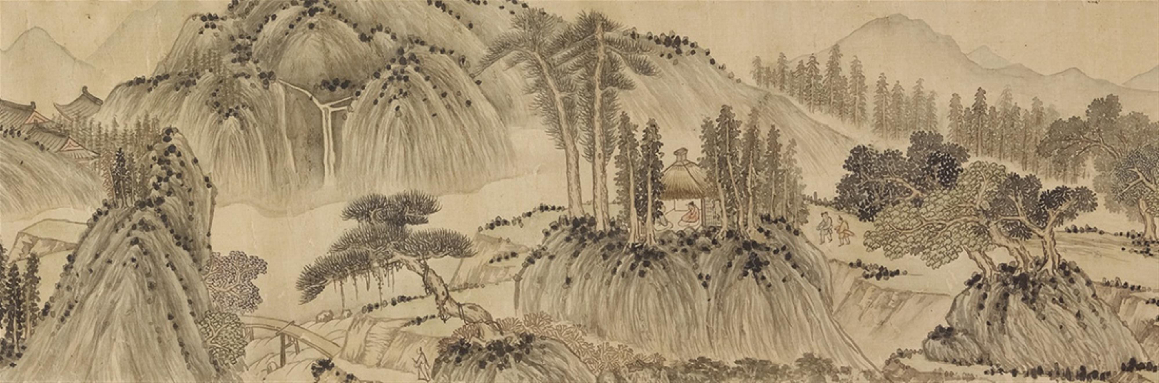 Mei Daoren, in the manner of - Landscape in the manner of Mei Daoren. Horizontal scroll. Ink on silk. Inscription, dated zhizheng, 11th year, inscribed Mei Daoren and six artist's and collector's seals. - image-3