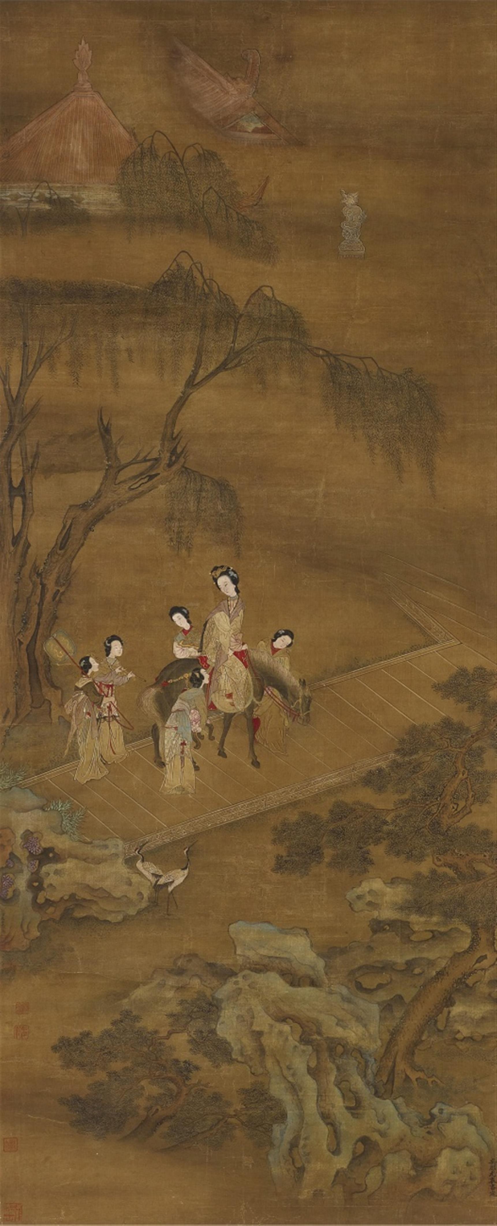Wang Zhen . Qing dynasty
You Qiu and - Palace lady with five female attendants. Hanging scroll. Ink and colour on silk. Inscription, signed Wang Zhen (?), five seals. Inscription at the lower right Wu Junyou biao she... - image-1