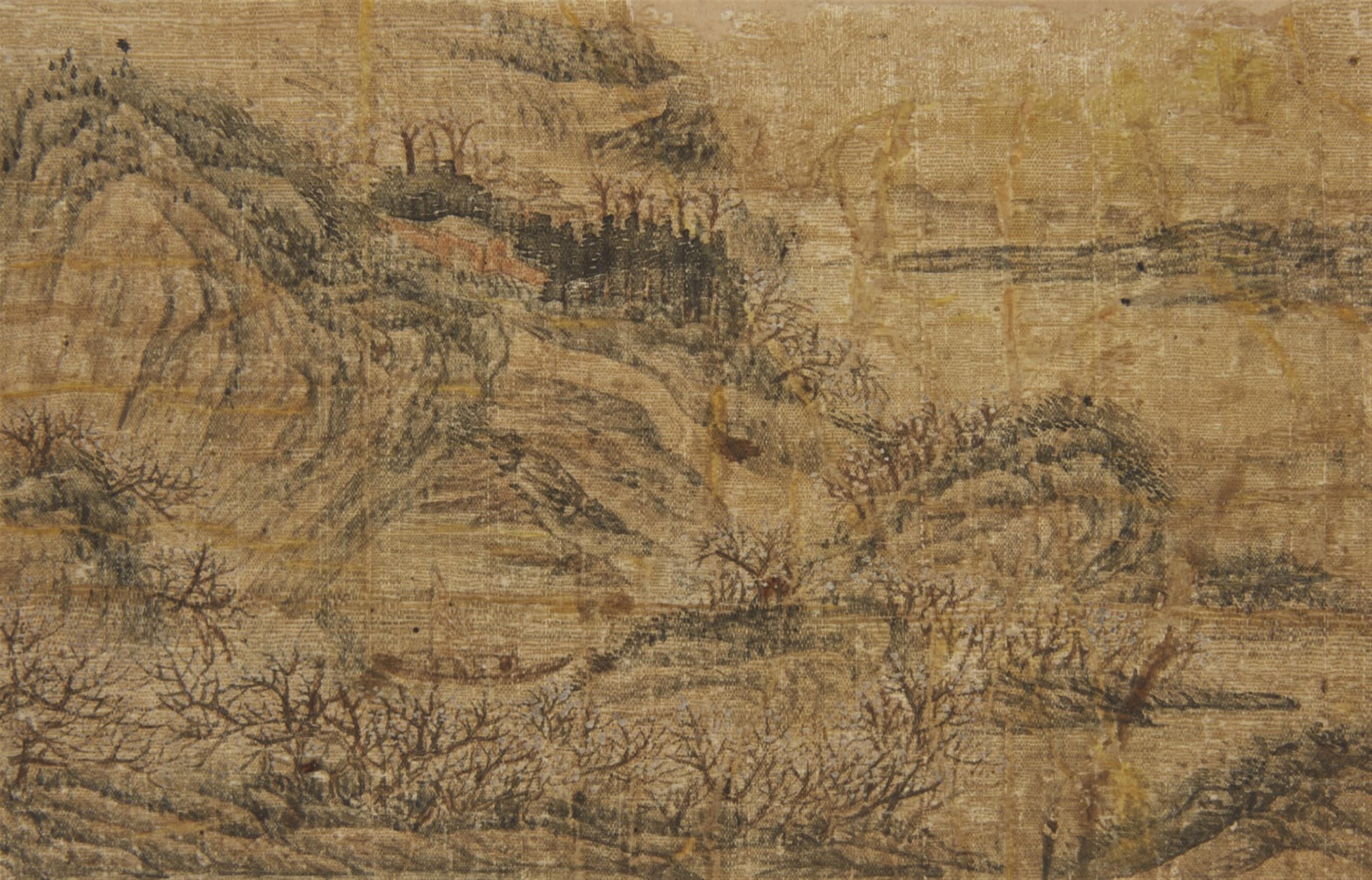 Qian Gu, in the manner of - An album titled "Ming Qian Gu shanshui ce" with six double-leaves, depicting landscapes in the manner of Qian Gu (1508-1578). Water damages. Cloth-covered covers. - image-2