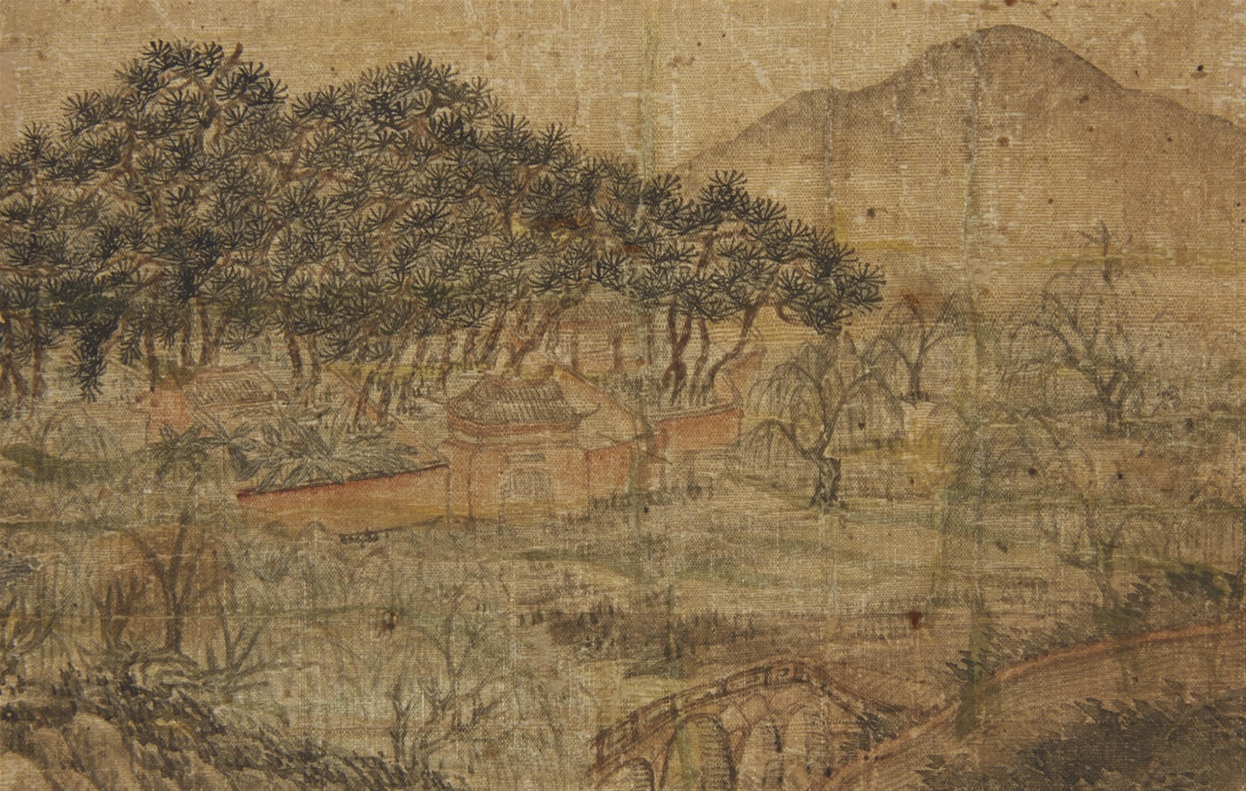 Qian Gu, in the manner of - An album titled "Ming Qian Gu shanshui ce" with six double-leaves, depicting landscapes in the manner of Qian Gu (1508-1578). Water damages. Cloth-covered covers. - image-3