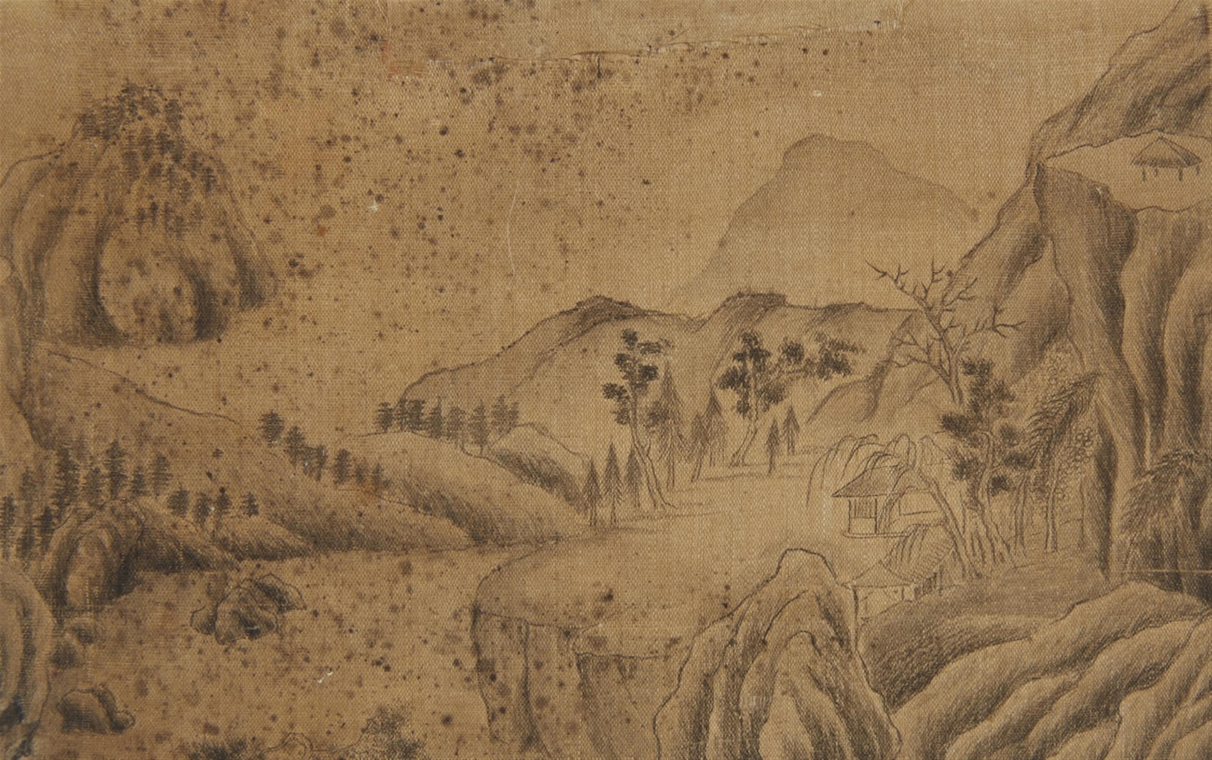 Qian Gu, in the manner of - An album titled "Ming Qian Gu shanshui ce" with six double-leaves, depicting landscapes in the manner of Qian Gu (1508-1578). Water damages. Cloth-covered covers. - image-4