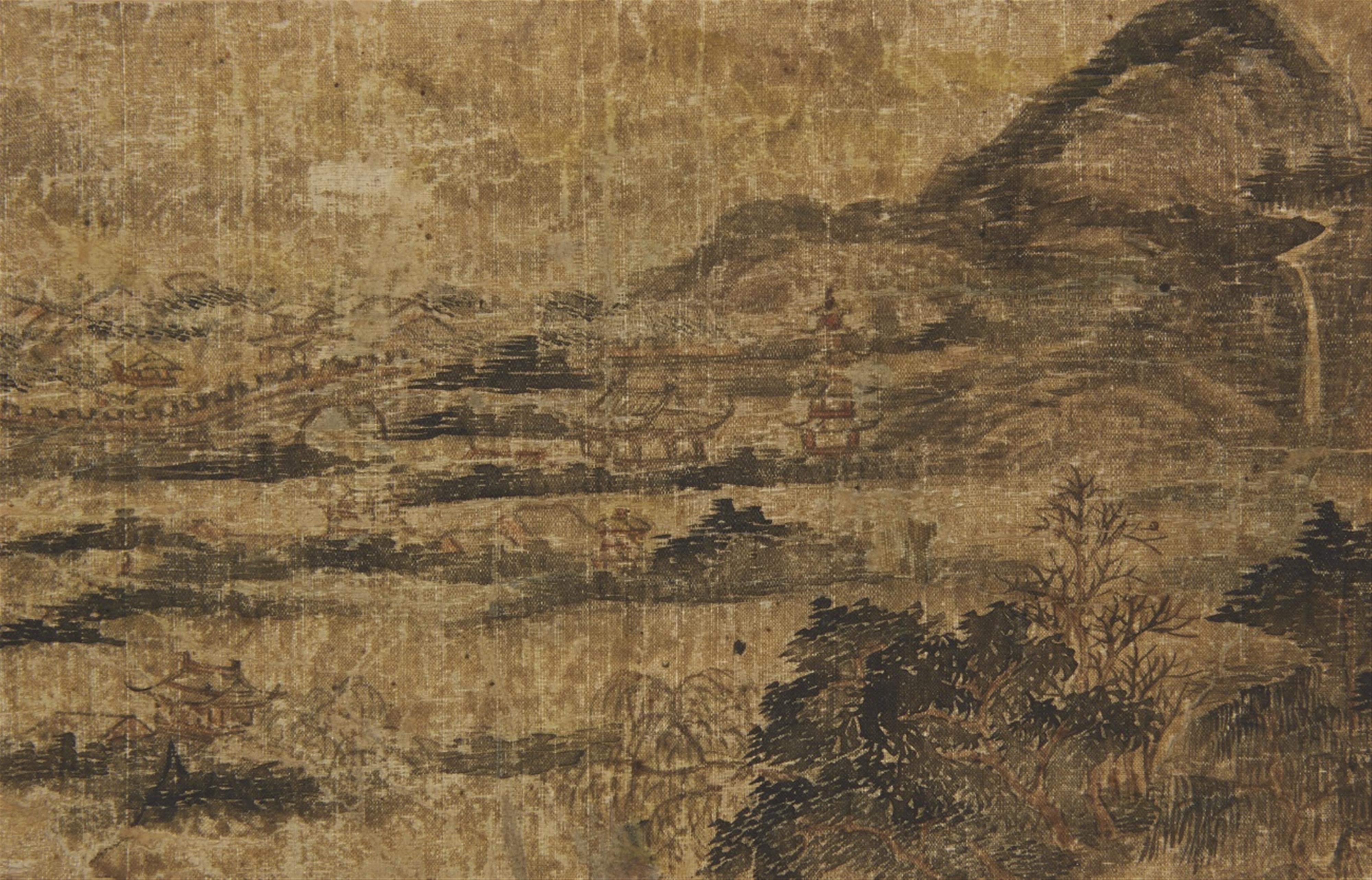 Qian Gu, in der Art - Album mit dem Titel "Ming Qian Gu shanshui ce", bestehend aus sechs losen Doppelseiten mit Landschaftdarstellungen im Stil des Qian Gu (1508-1578). Wasserschäden. Stoff bespannt... - image-5