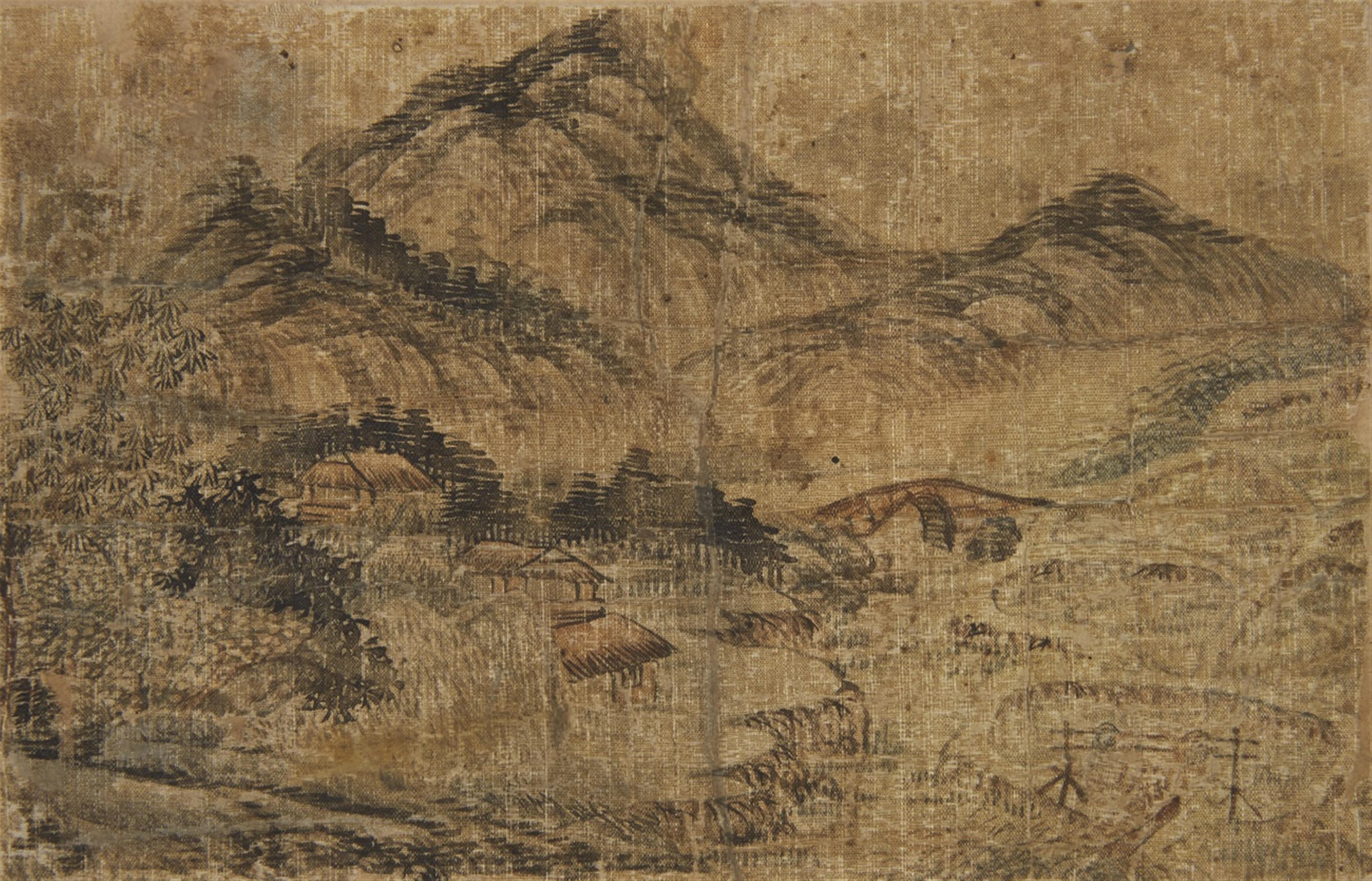 Qian Gu, in the manner of - An album titled "Ming Qian Gu shanshui ce" with six double-leaves, depicting landscapes in the manner of Qian Gu (1508-1578). Water damages. Cloth-covered covers. - image-6