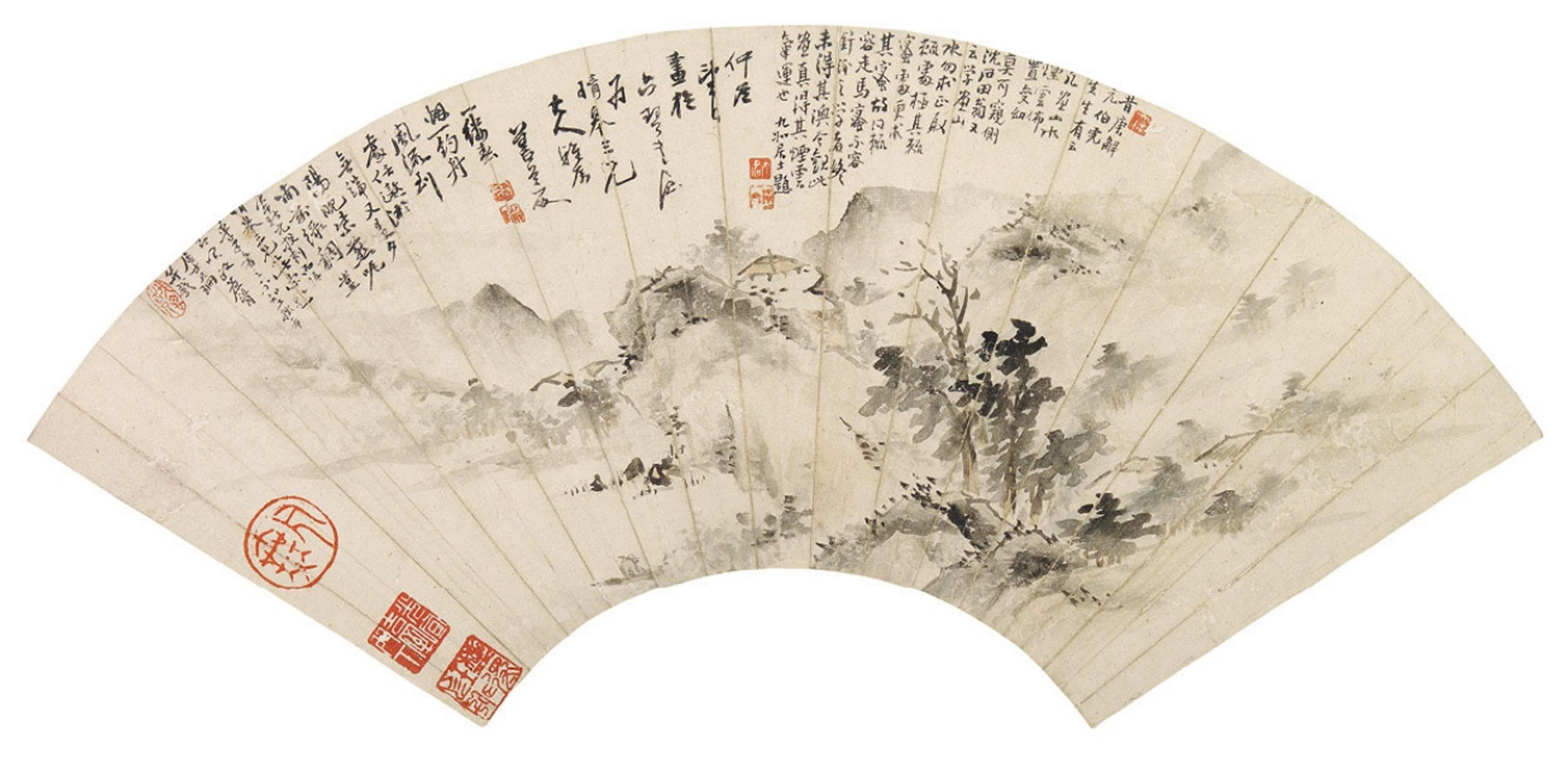 Gong Xian - A fan painting. Mountain landscape with pavilions. Ink and light colour on paper. Inscriptions. - image-1