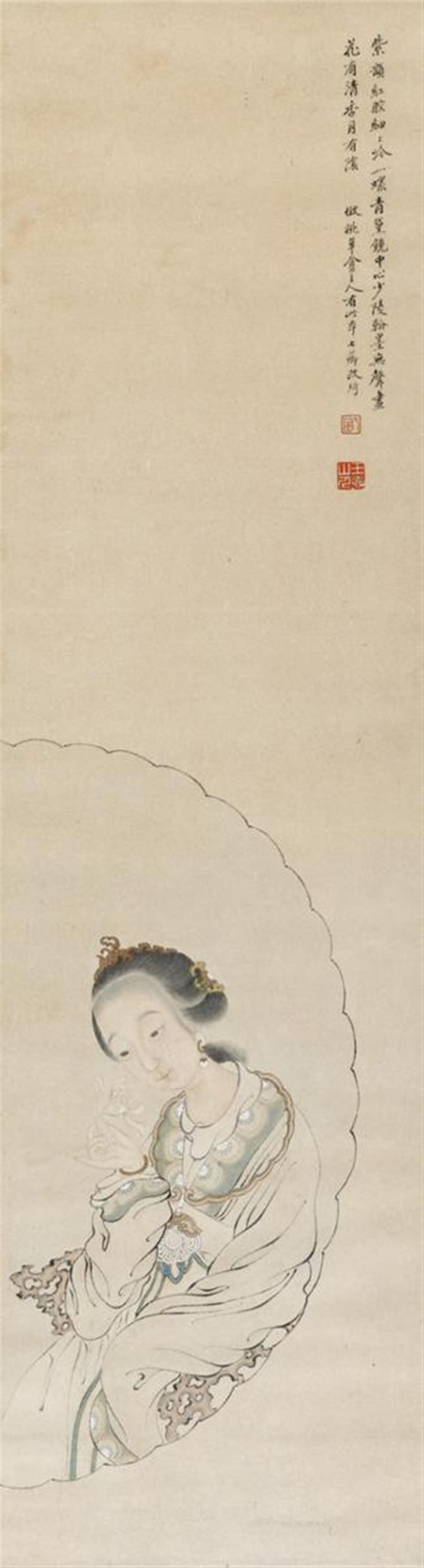 Gai Qi, in the manner of - Two paintings in the manner of Gai Qi depicting elegant palace ladies by a round window. Ink and colour on paper. Inscription, inscribed Qixiang Gai Qi and sealed Qi xiang hua y... - image-2