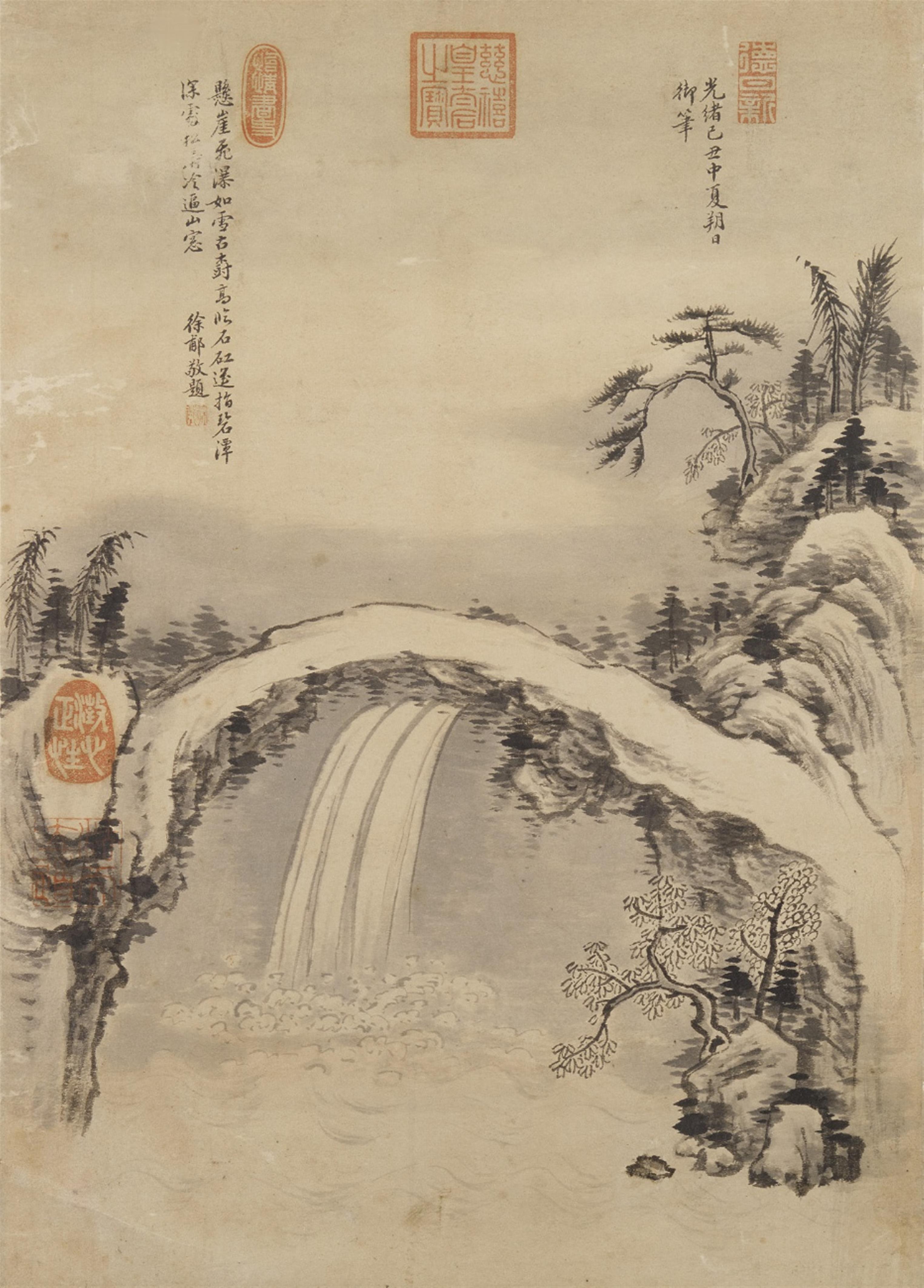 Xu Fu - Landschaft mit Wasserfall. Albumblatt. Tusche auf Papier. Aufschrift, zyklisch datiert Guangxu jichou (1889), sign.: Xu Fu, Siegel: Xu Fu ..., Cixi huangtaihou zhi bao, Cheng xi... - image-1