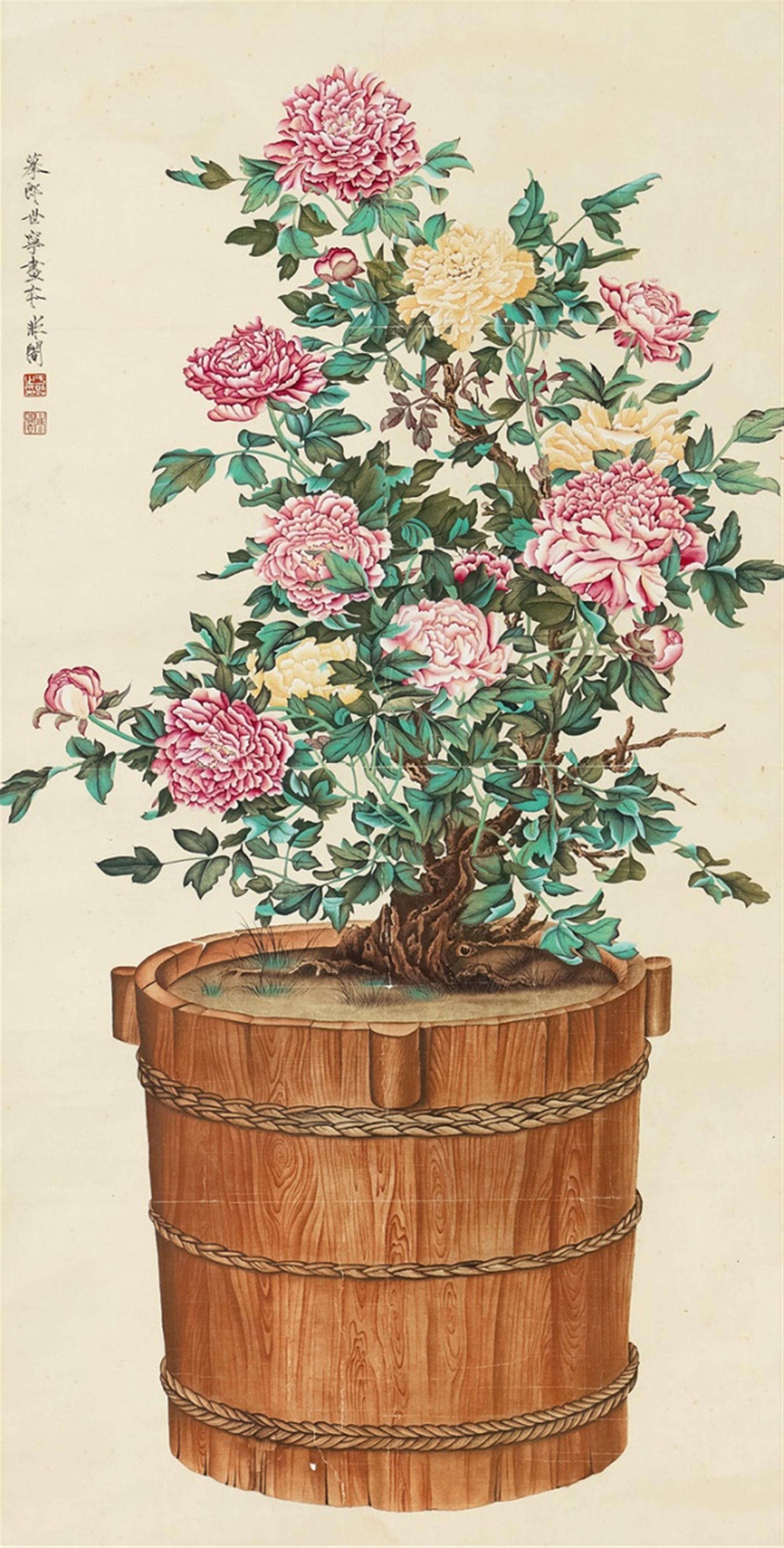 Yu Feian, in the manner of - In the manner of Yu Feian. Peonies in the style of Lang Shining. Hanging scroll. Ink and colour on paper. Inscribed Feian and sealed Yu Zhao zhi yin and Feian. - image-1
