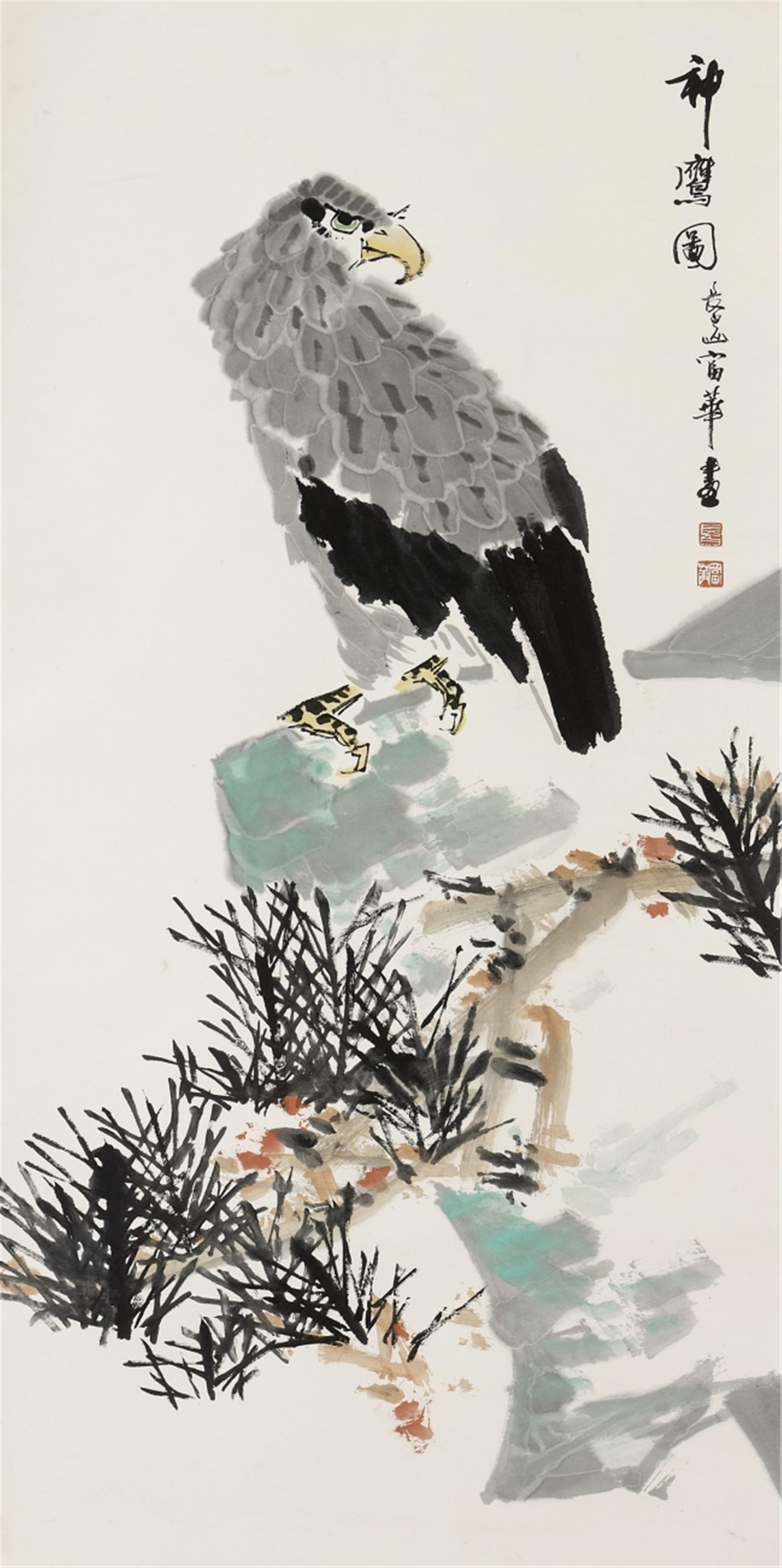 Fu Hua - Eagle on a rock. Hanging scroll. Ink and colour on paper. Inscription, signed Changbai shan Fu Hua and sealed Chang Bai and Fu Hua. - image-1