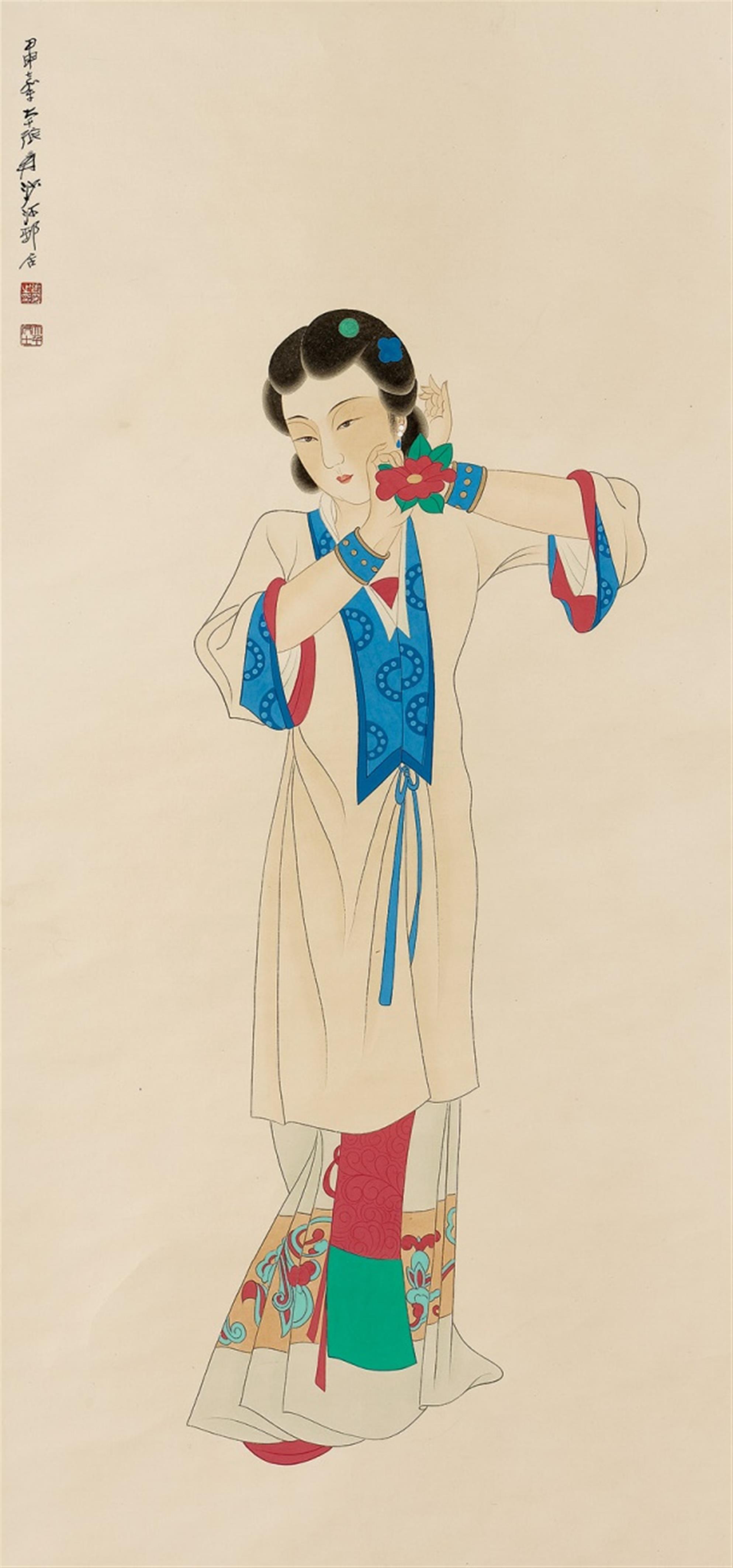 Zhang Daqian, in the manner of - Beautiful lady with camellia in the manner of Zhang Daqian. Hanging scroll. Ink and colour on paper. Dated cyclically jiashen (1944), inscribed Daqian Zhang Yuan and sealed Zhan... - image-1