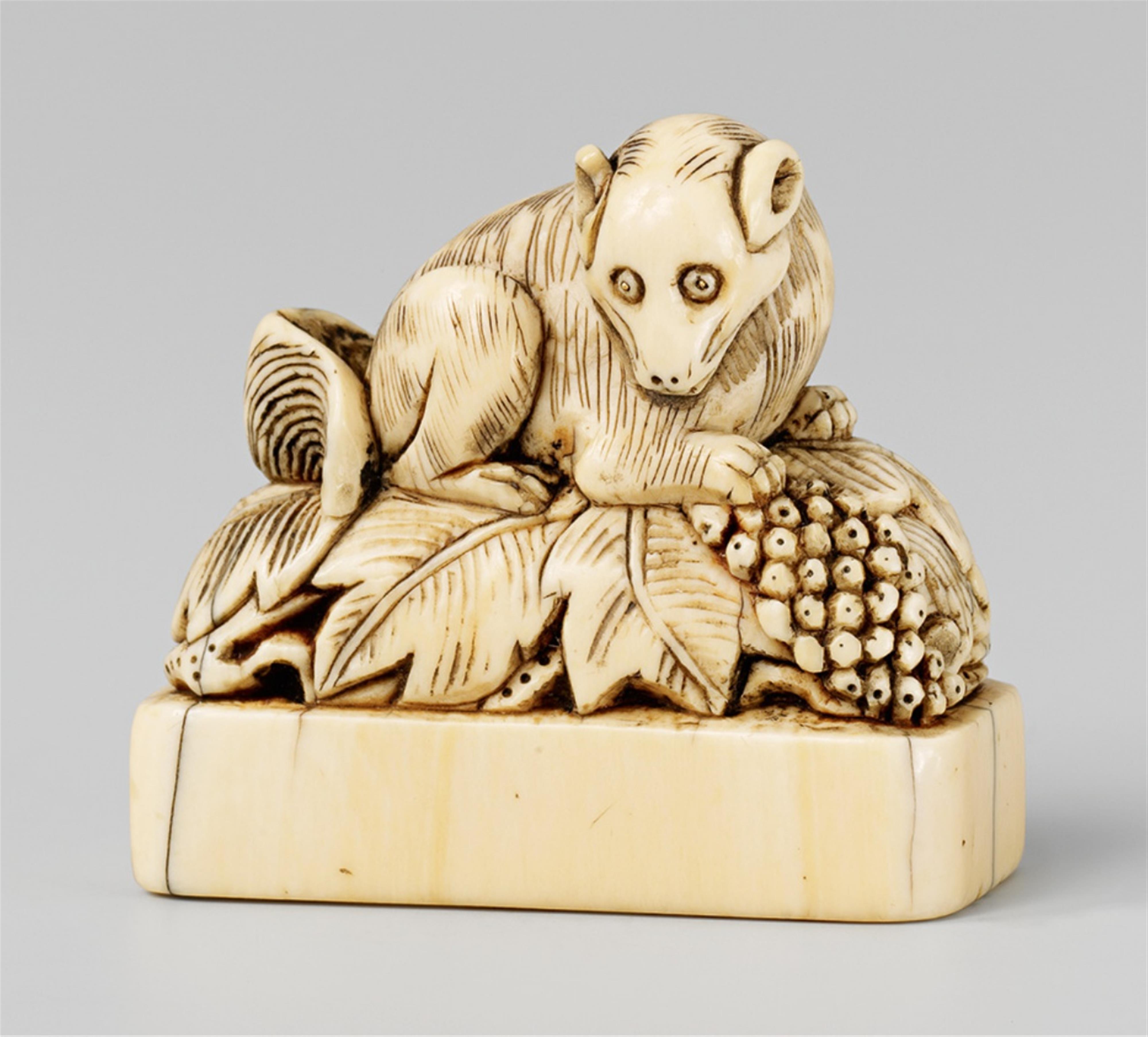 An ivory seal-type netsuke of a squirrel on a vine. Early 19th century - image-1