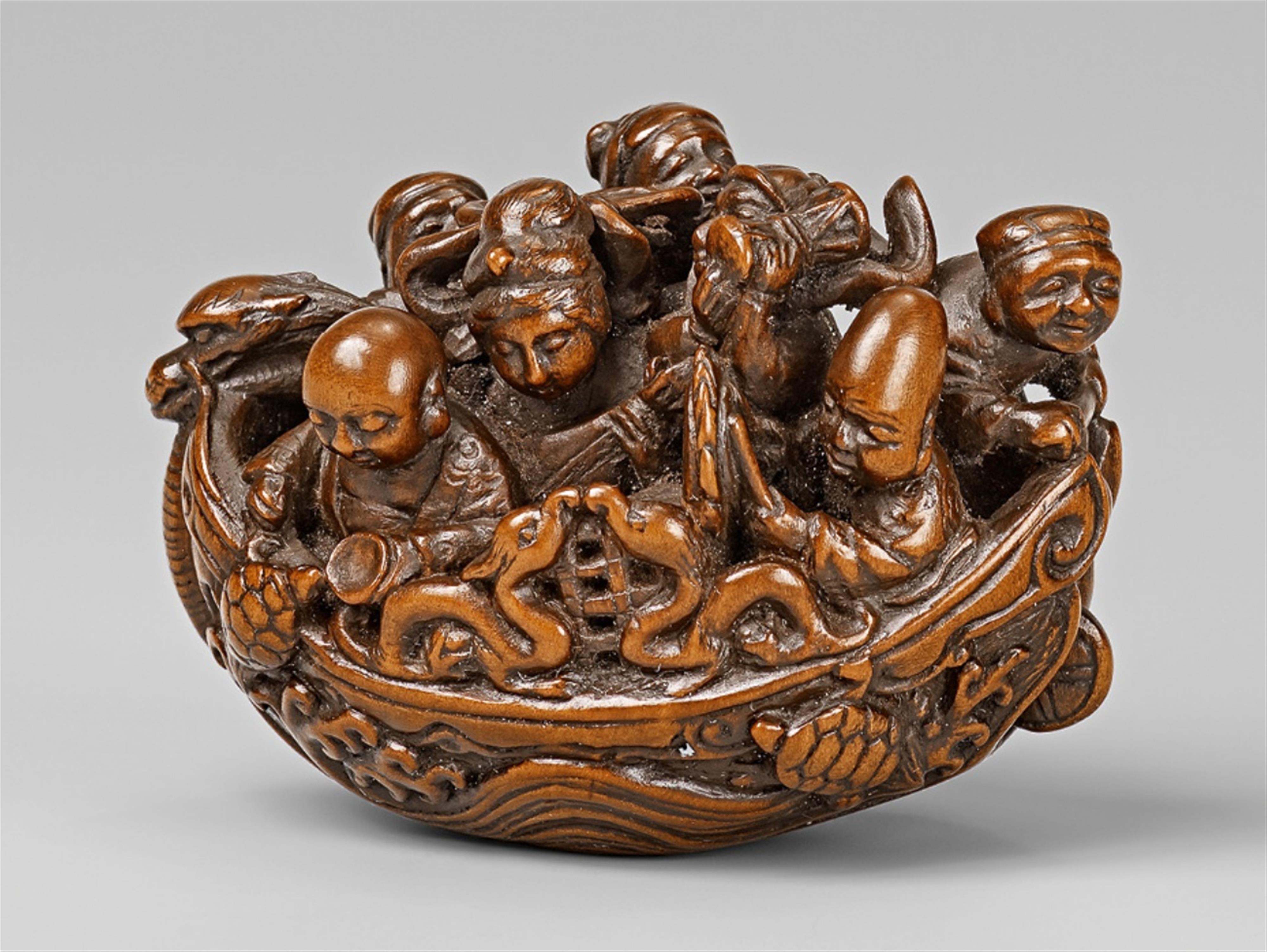 A wood netsuke of the Seven Gods of Good Luck in a dragon boat, by Seigyoku. Mid-19th century - image-1