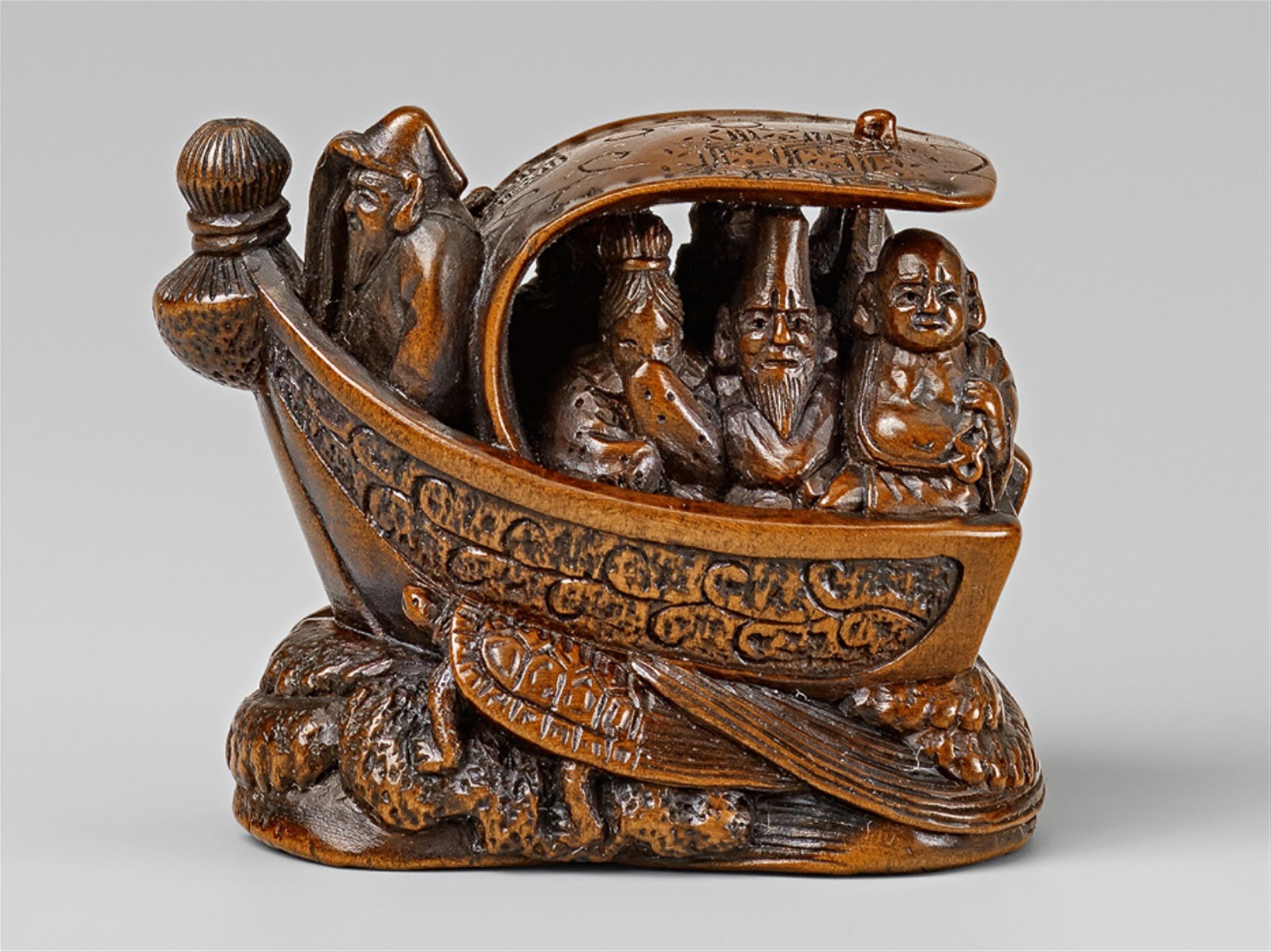 A Nagoya school wood netsuke of the Seven Gods of Good Luck in a boat, by Ittan. Mid-19th century - image-1