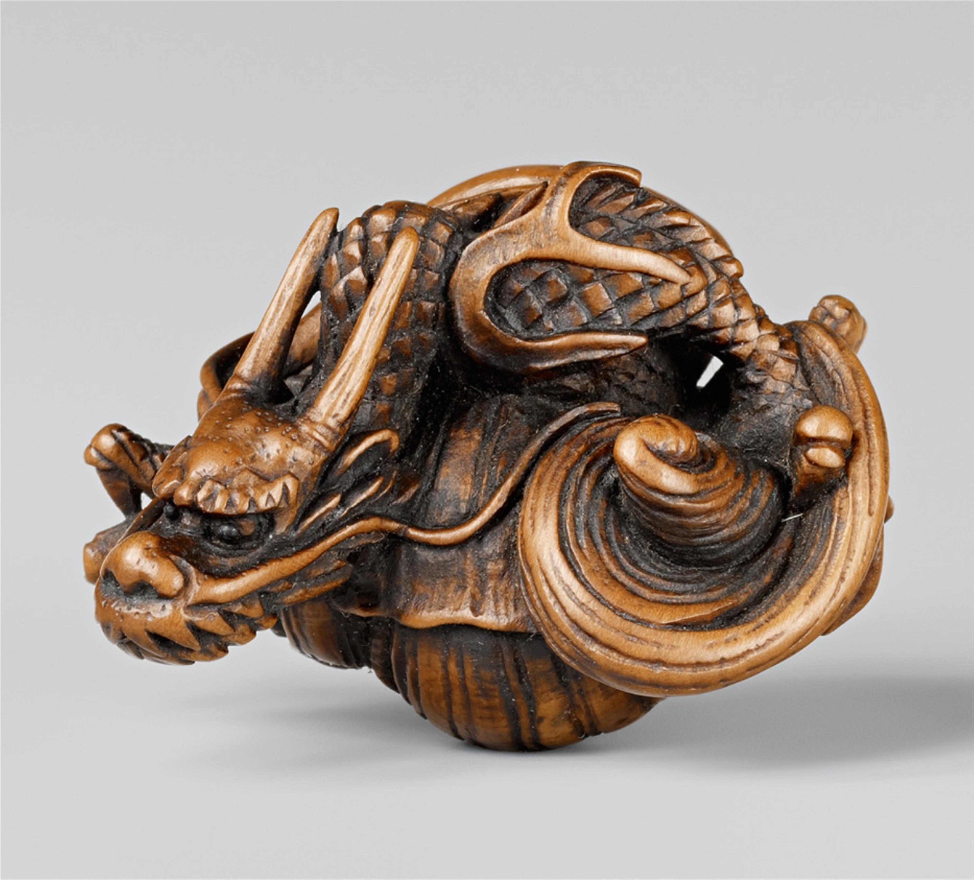 An unusual wood netsuke of a dragon in a hora. First half 19th century - image-1