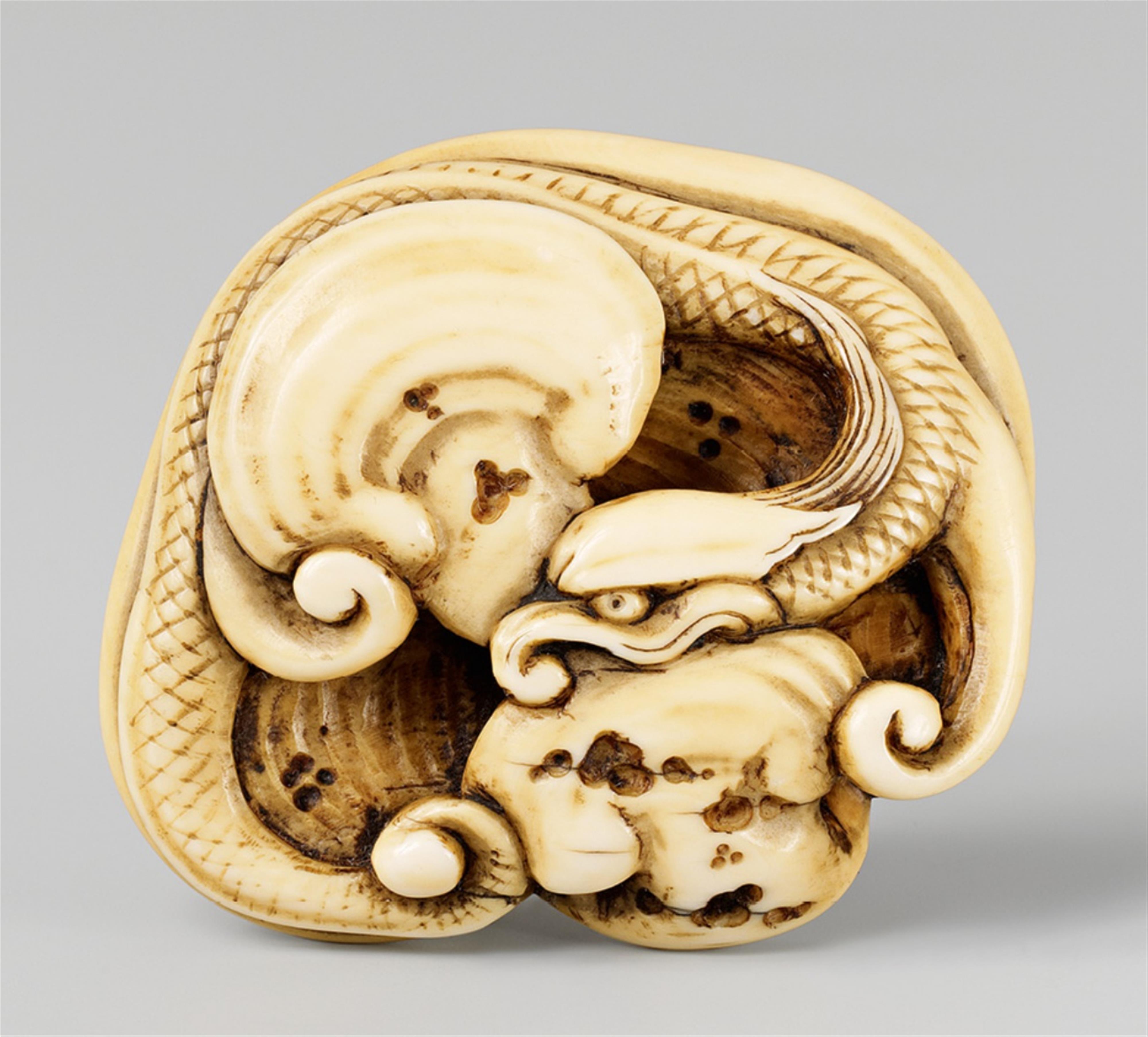 An ivory manjû-type netsuke of a rain dragon and reishi. Second half 19th century - image-1