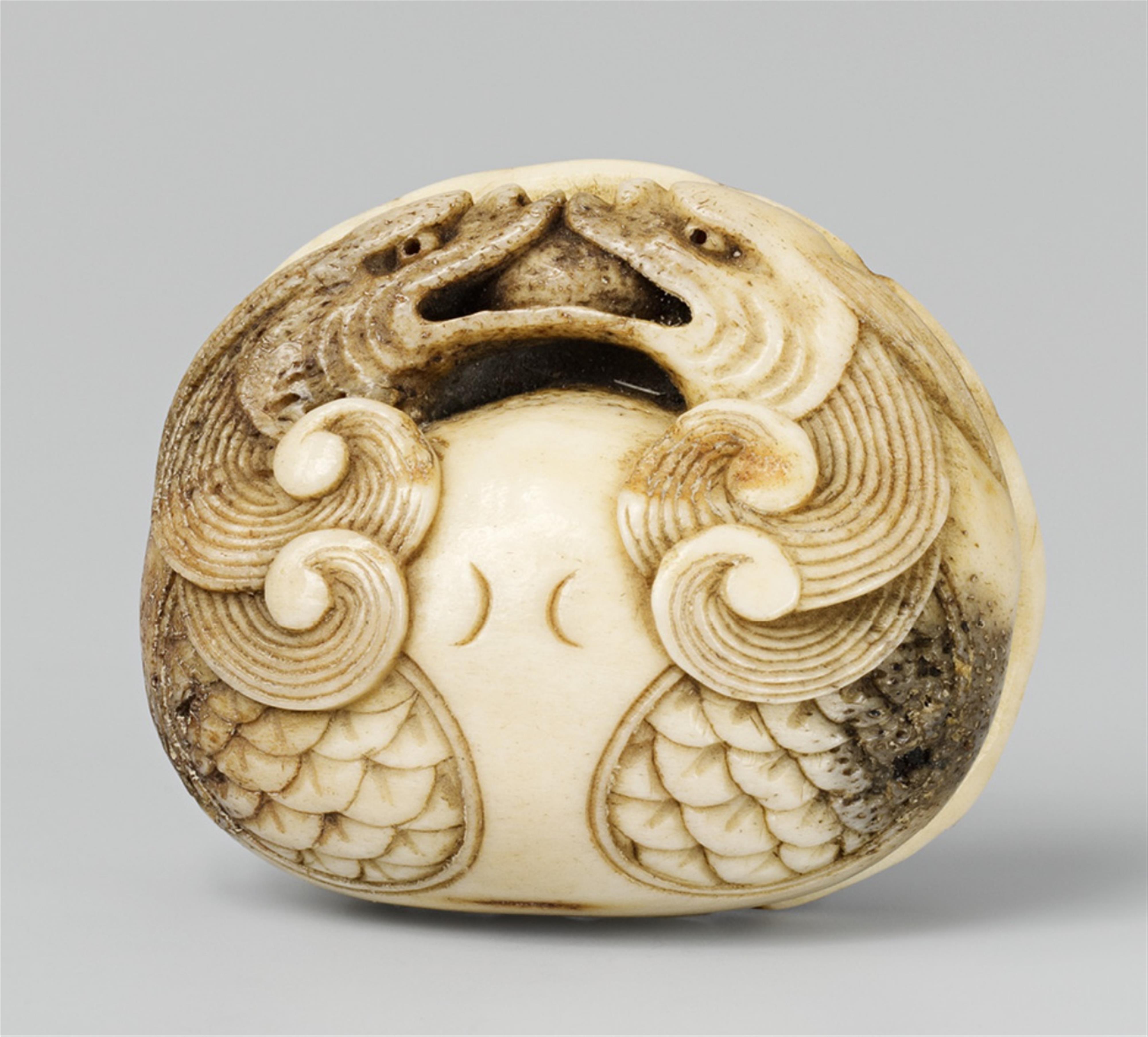 A stag antler netsuke of a mokugyo. Late 19th century - image-1