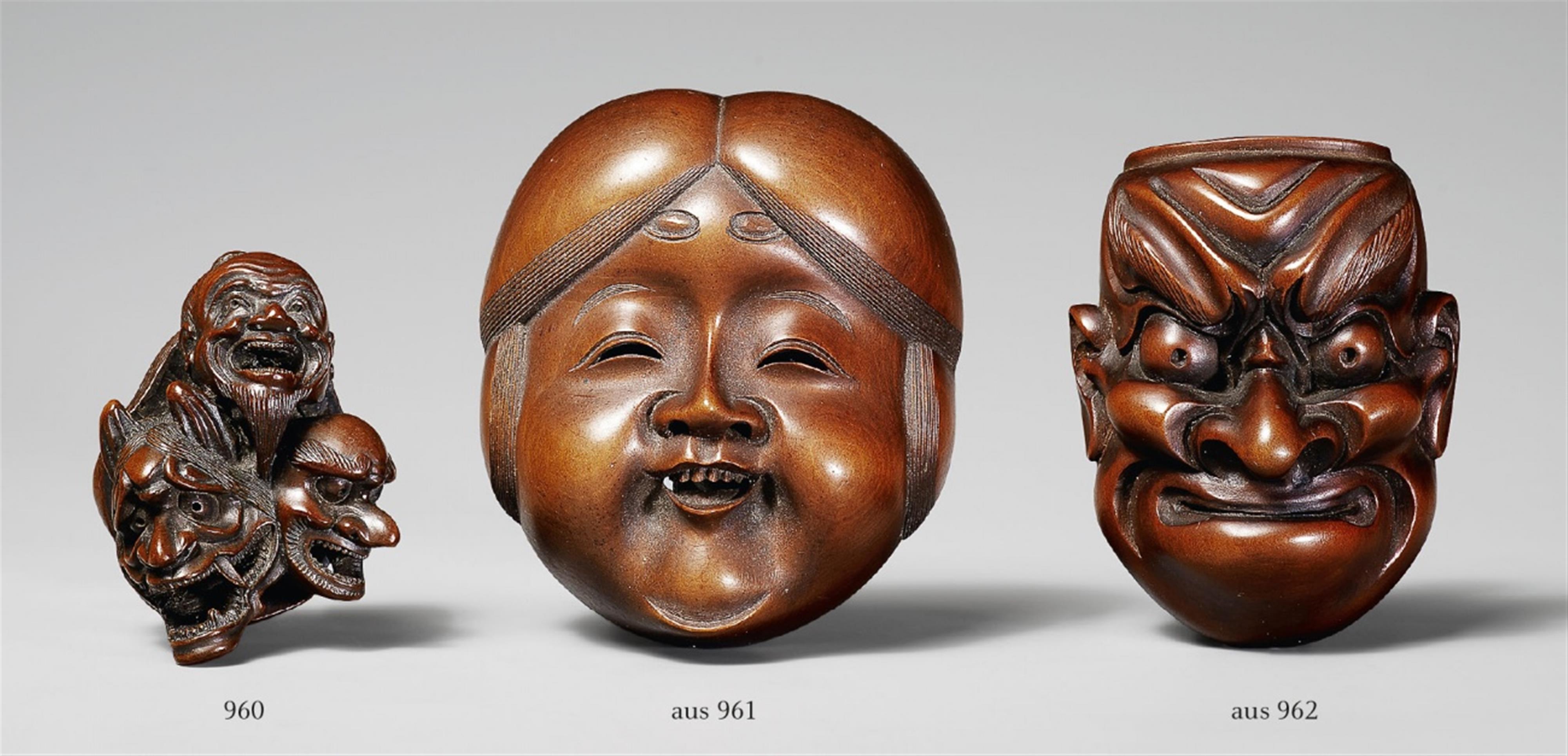 A boxwood netsuke of a group of four masks. Mid-19th century - image-1