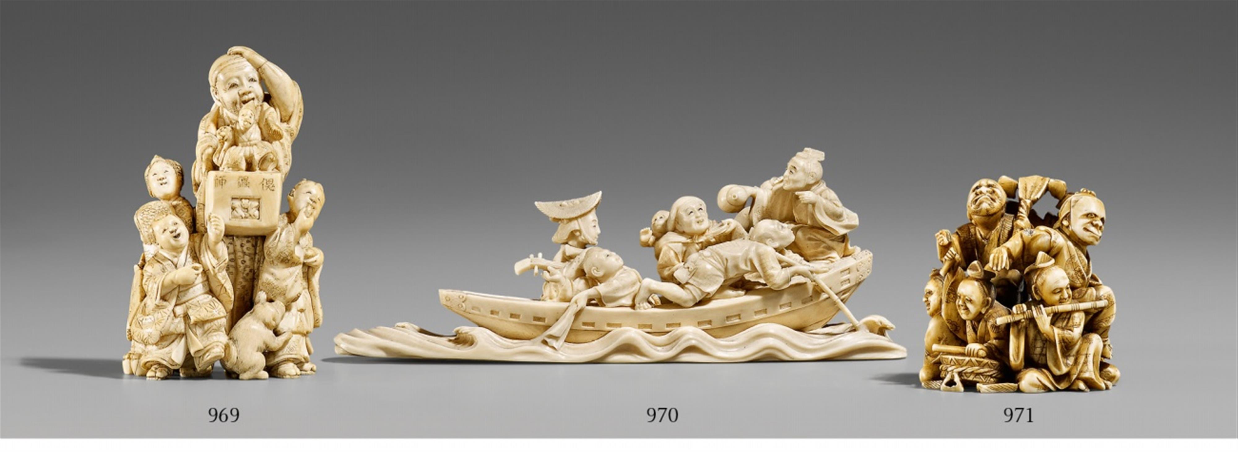 An ivory okimono of a group of dancers and musicians. Late 19th century - image-1