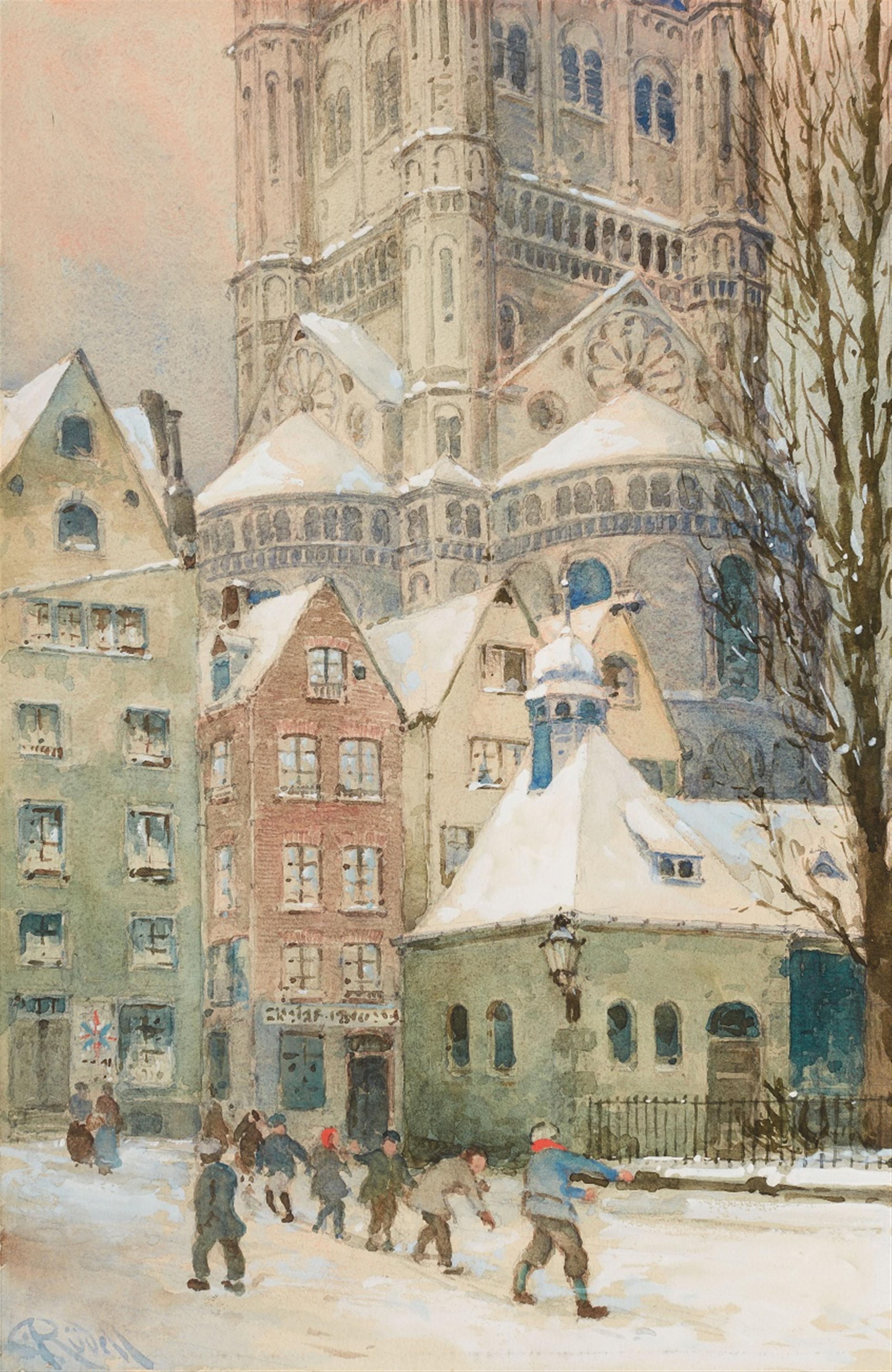 Carl Rüdell - Ansicht der Kölner Altstadt mit Groß St. Martin und spielenden Kindern - image-1