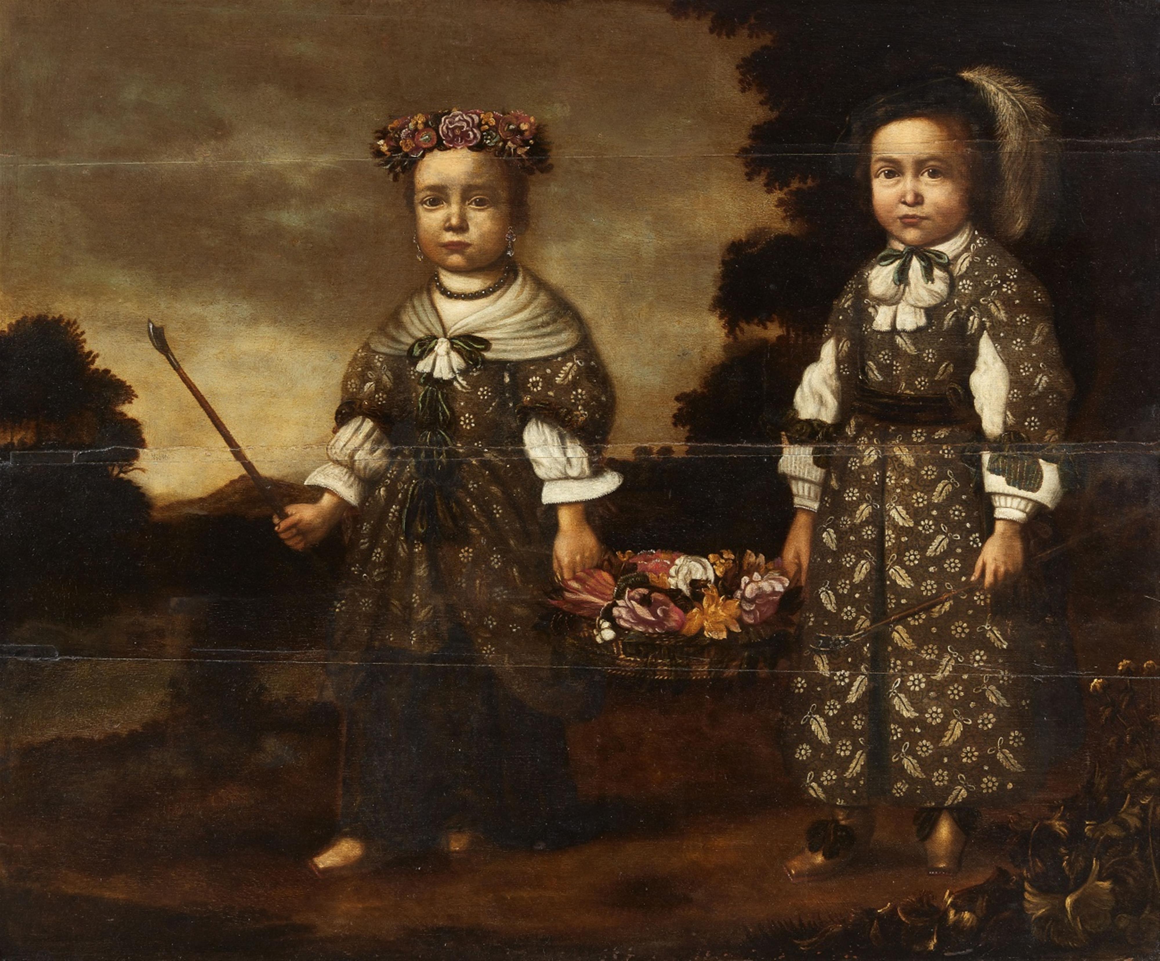 Flemish School 17th century - Portrait of two Children with a Basket of Flowers - image-1