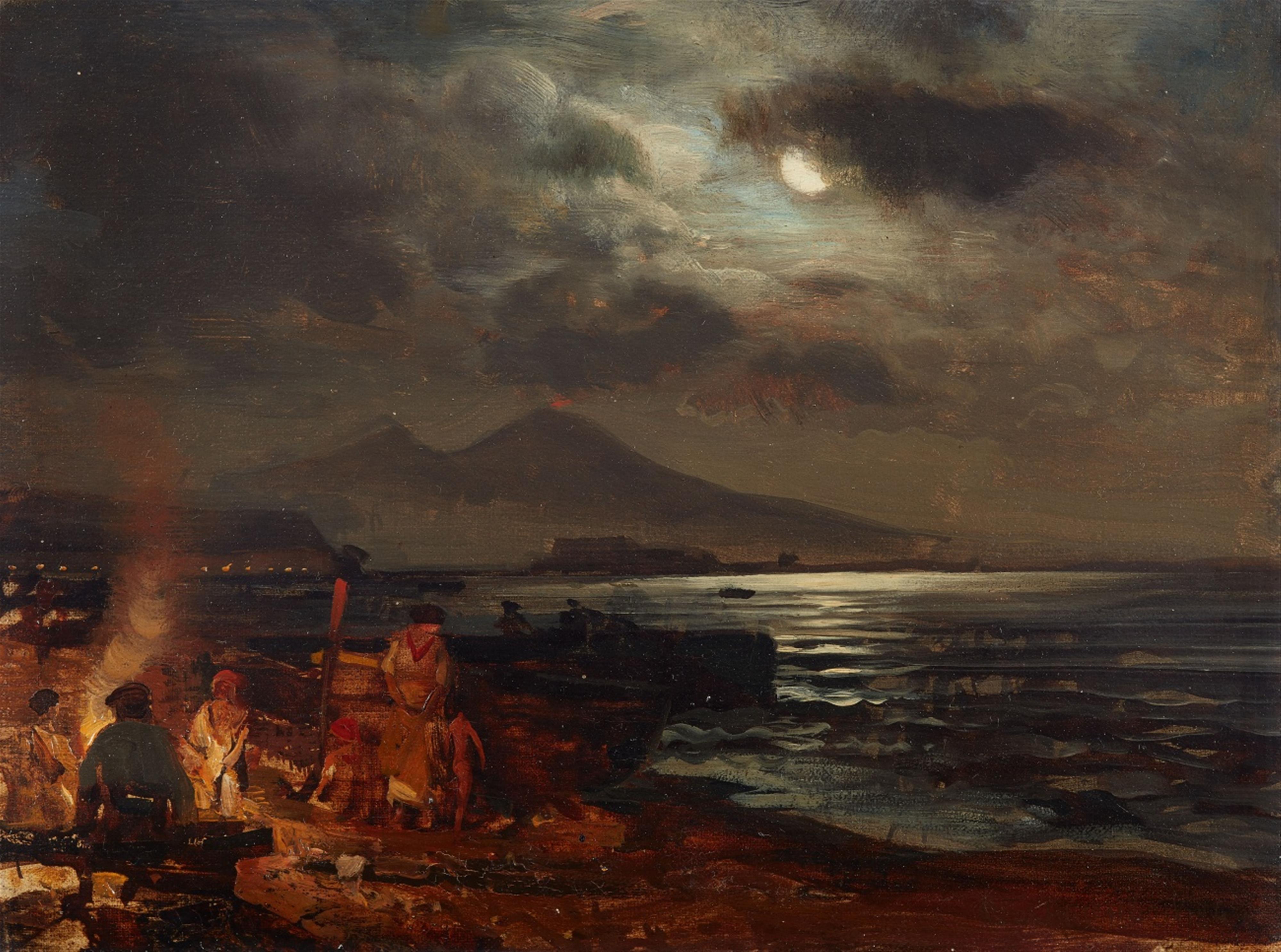 Oswald Achenbach - Ansicht des Golfs von Neapel mit Vesuv bei Nacht - image-1