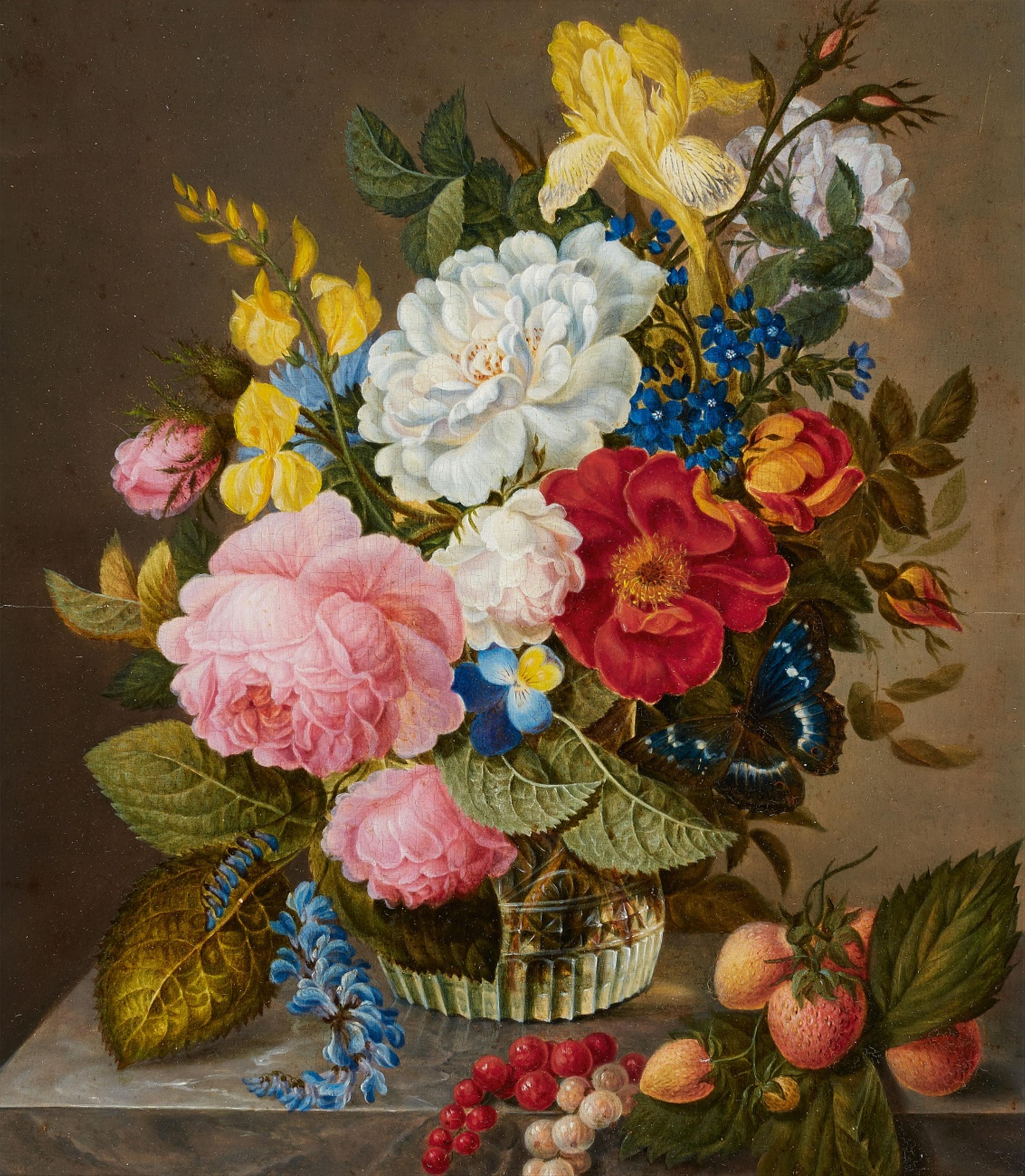Adelheid Friedericke Braun - Rosen, Iris, Vergissmeinnicht, Hornveilchen und weitere Blumen in einer Glasvase - image-1