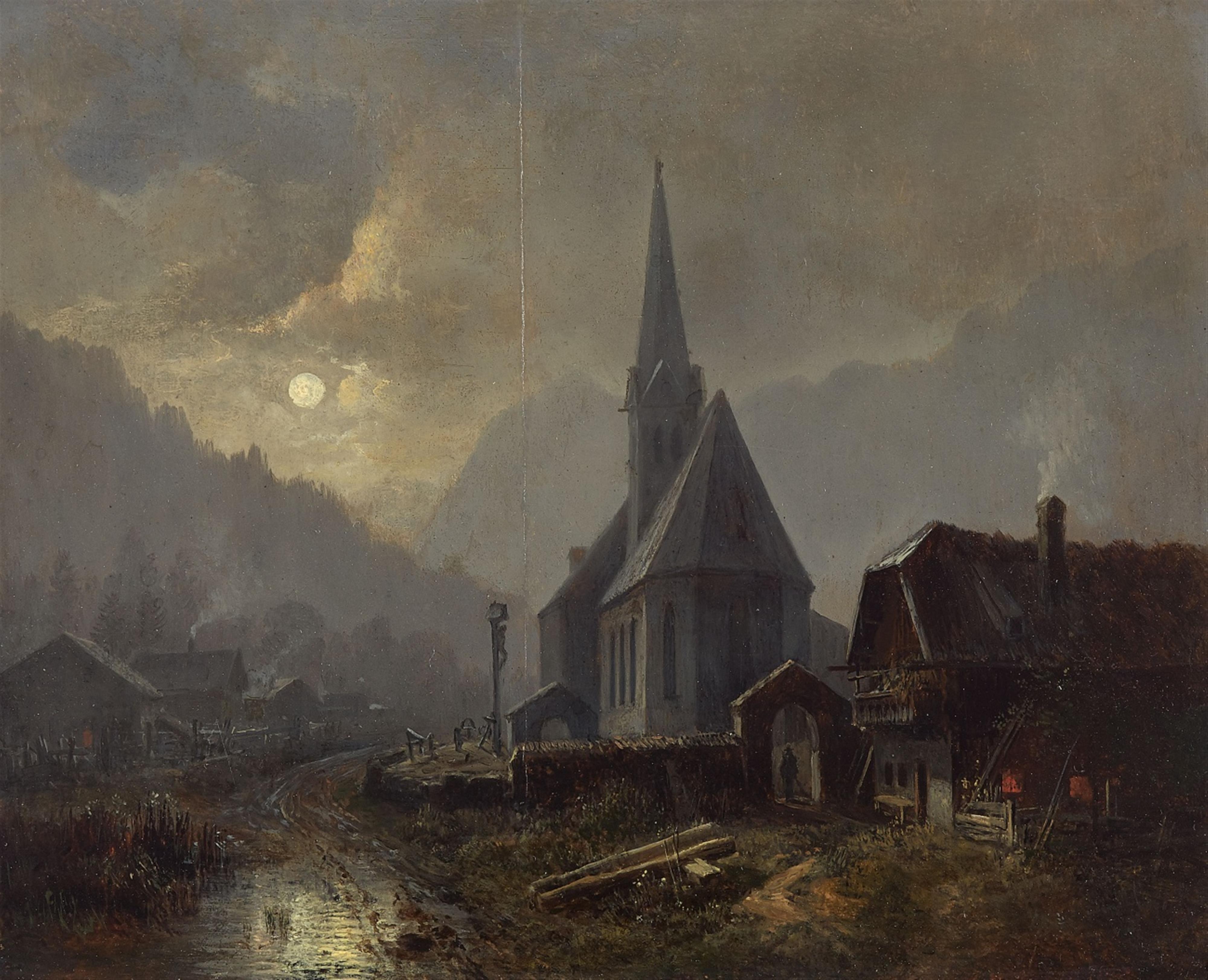 Heinrich Bürkel - A Church in Ramsau in the Moonlight - image-1