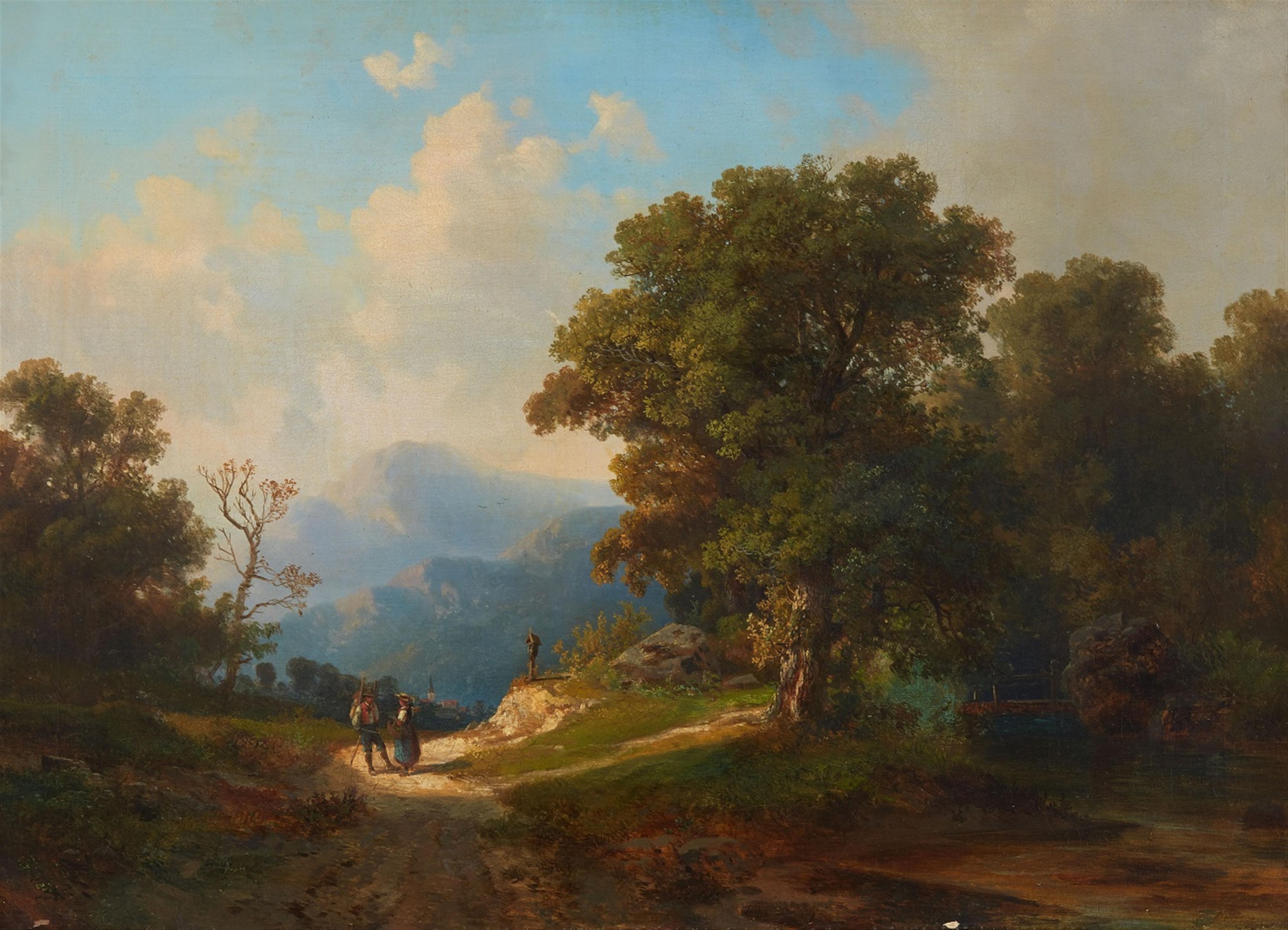 Deutscher oder Österreichischer Künstler des 19. Jahrhunderts - Hochgebirgslandschaft mit zwei Wanderern an einem Wegkreuz - image-1