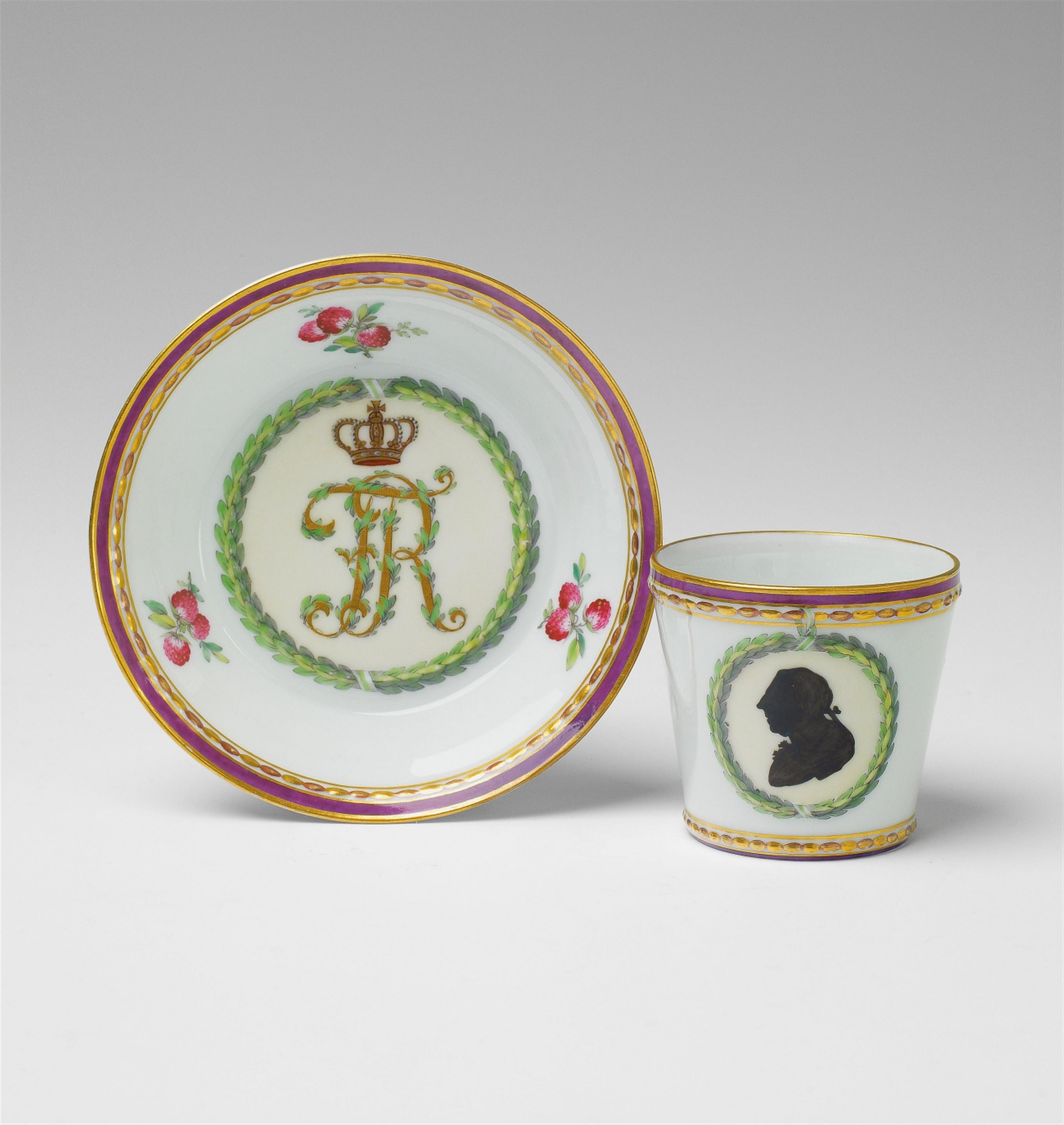 A Berin KPM porcelain cup and saucer with a silhouette portrait of Frederick II - image-1