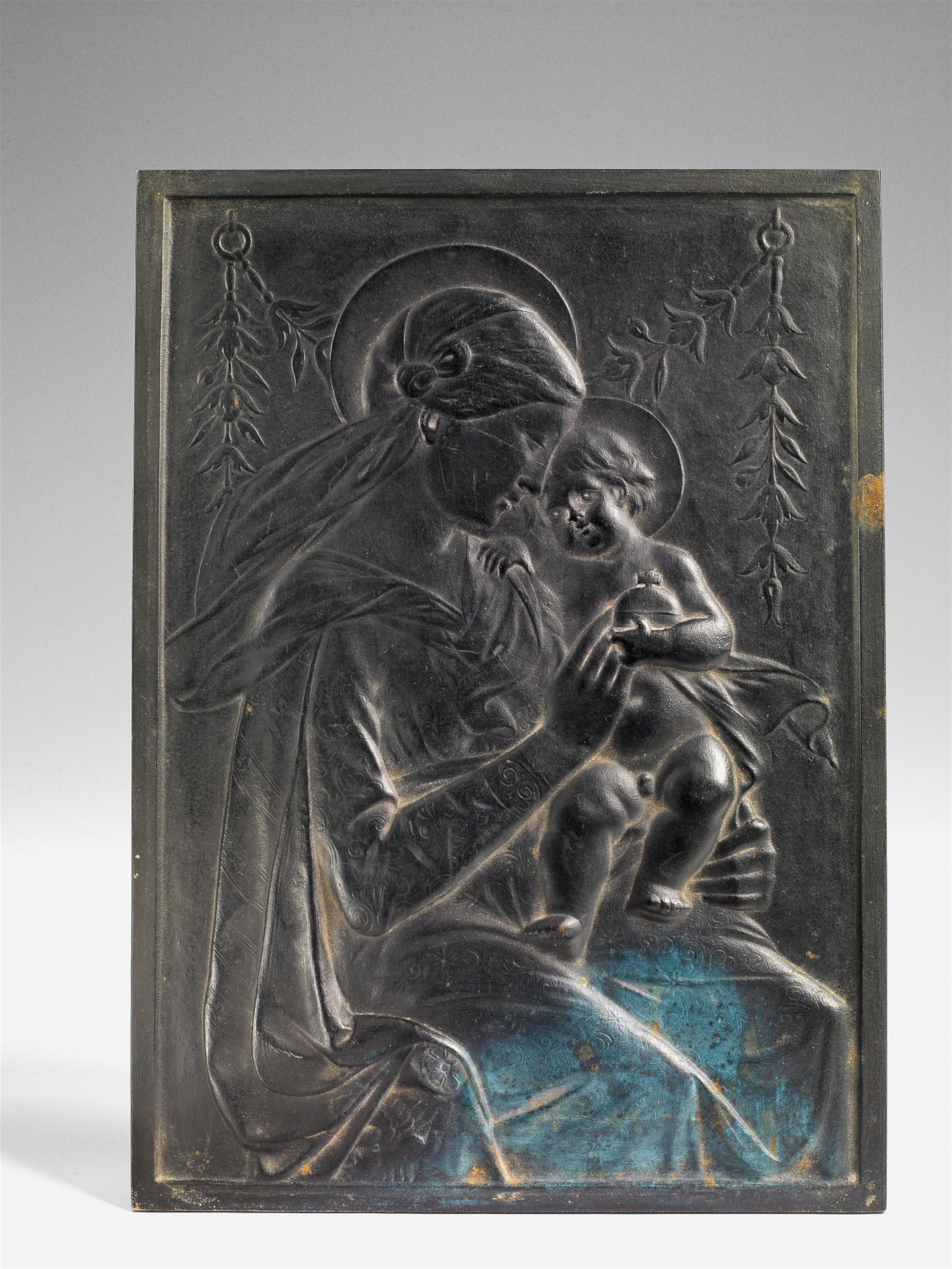 A Prussian black patinated cast iron relief plaque of the Virgin and Child - image-1