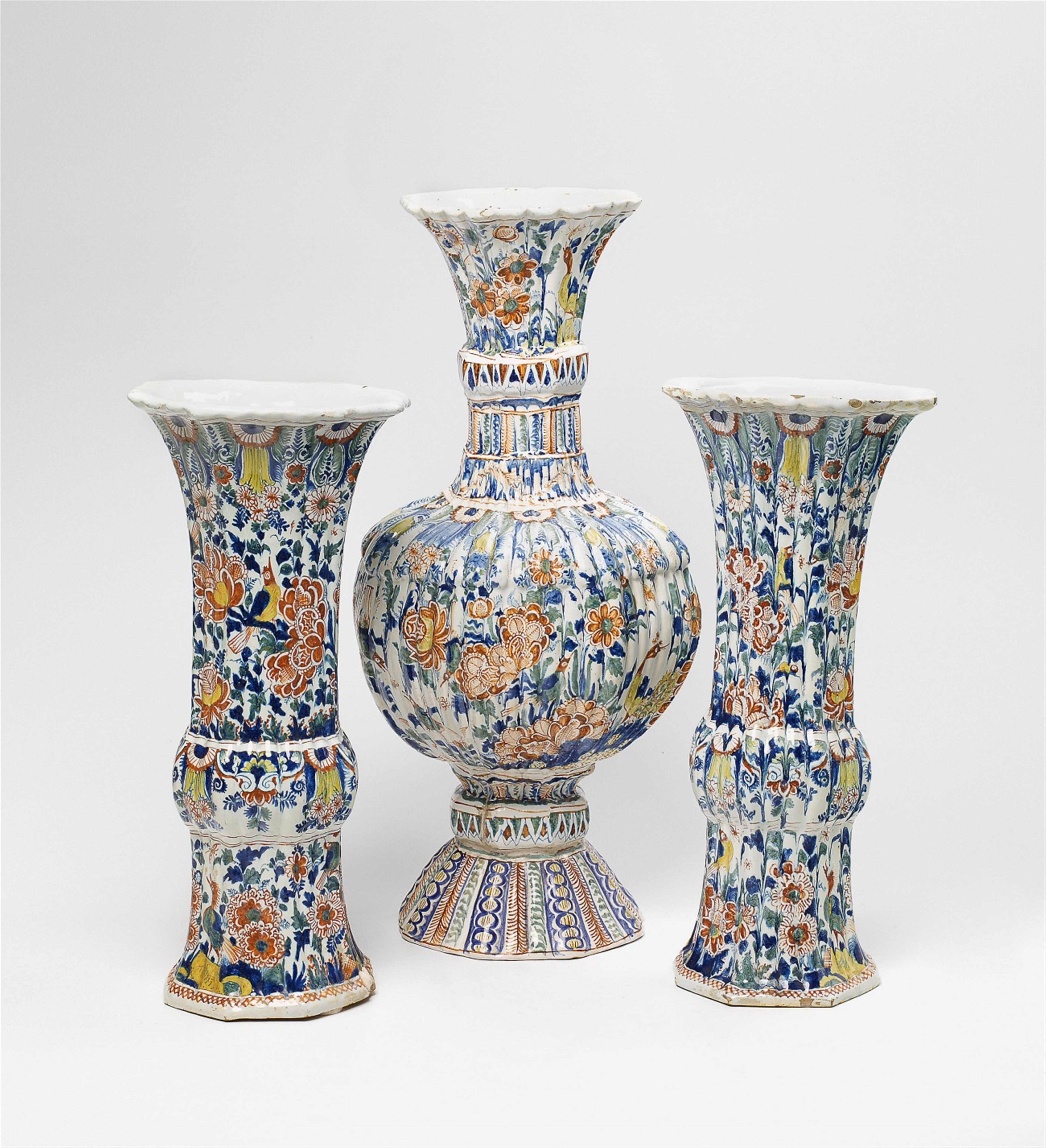 An impressive three piece set of Berlin faience vases with 'grand feu' decor - image-2