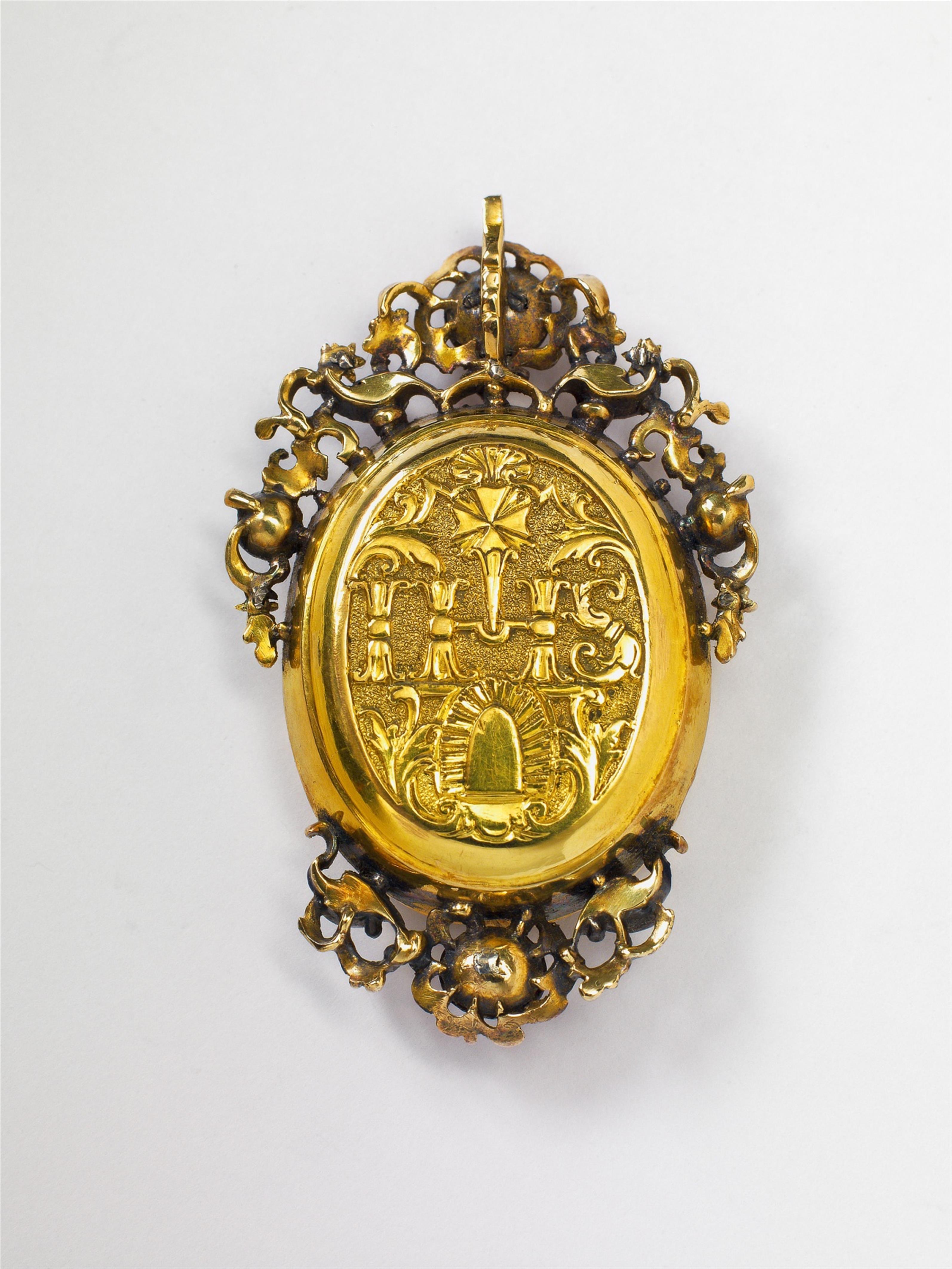 A silver gilt and diamond religious pendant with an ivory sculpture of St. Nepomuk - image-3