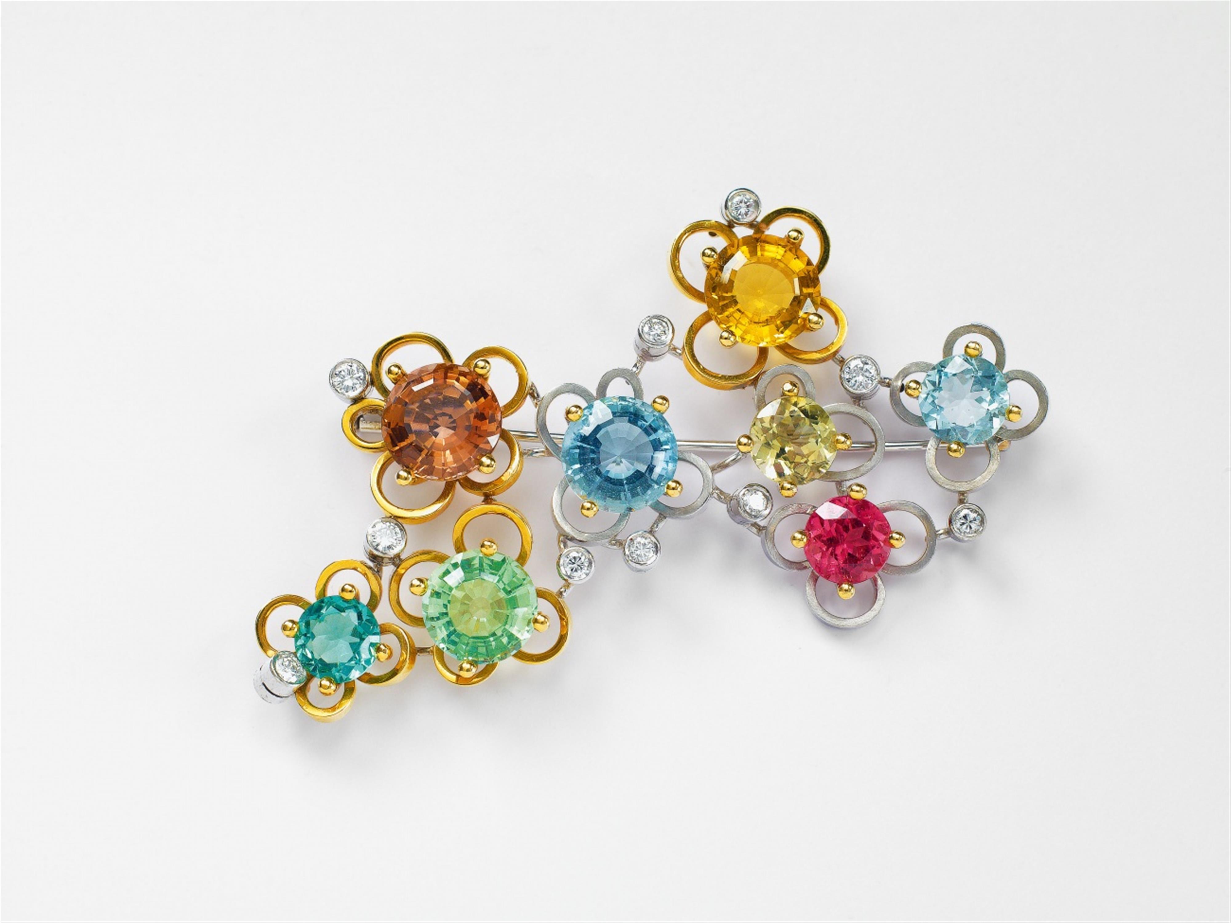 A large 18k gold, diamond and coloured stone brooch by Gebhard Duve - image-1