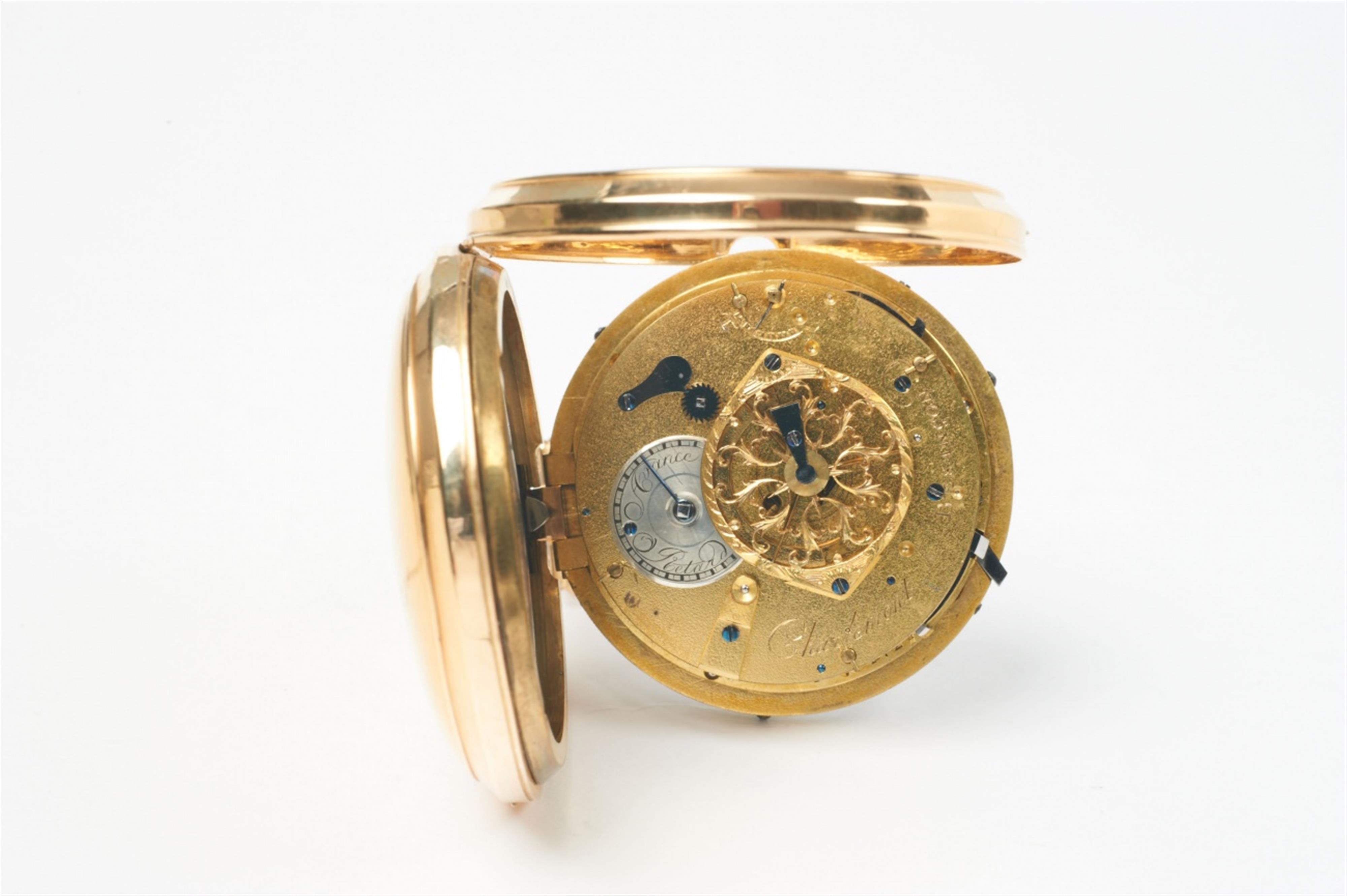 A gold openface pocketwatch with verge escapement and repetition,. attached a Russian 14k gold chain - image-2