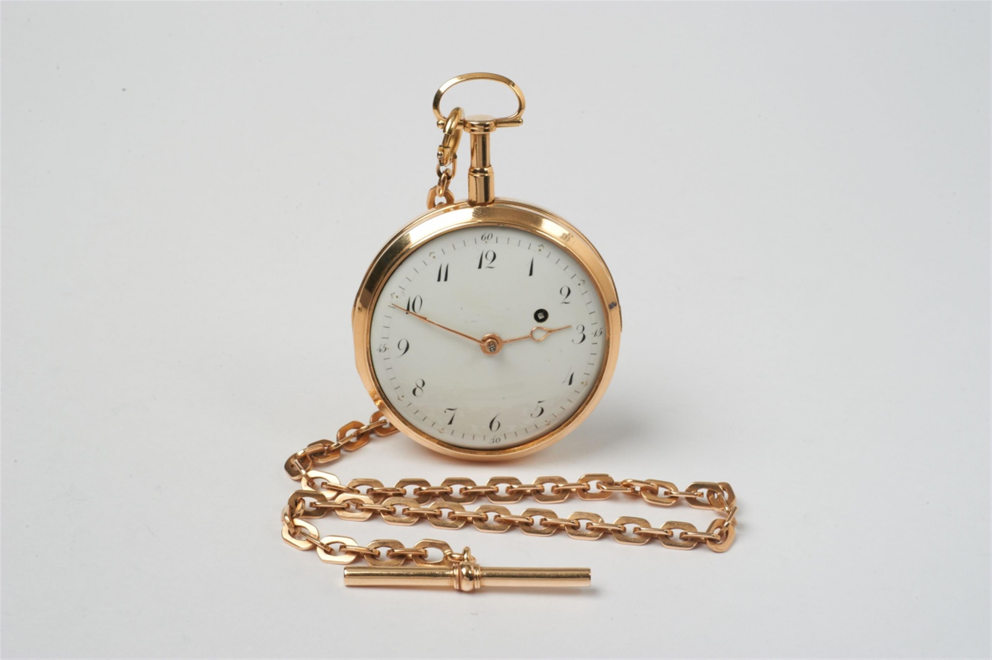 A gold openface pocketwatch with verge escapement and repetition,. attached a Russian 14k gold chain - image-1
