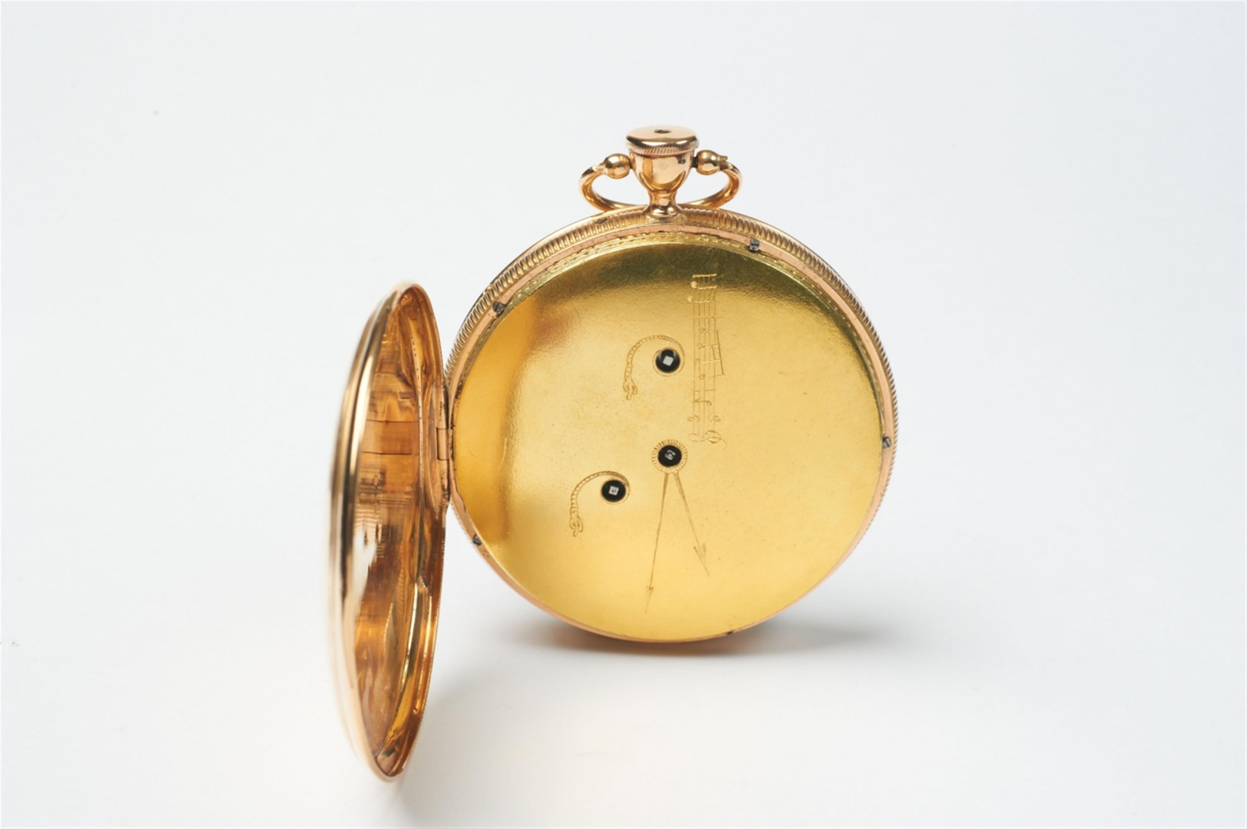 A rare Suisse 18k gold openface musical pocketwatch with cylinder movement and repetition - image-2